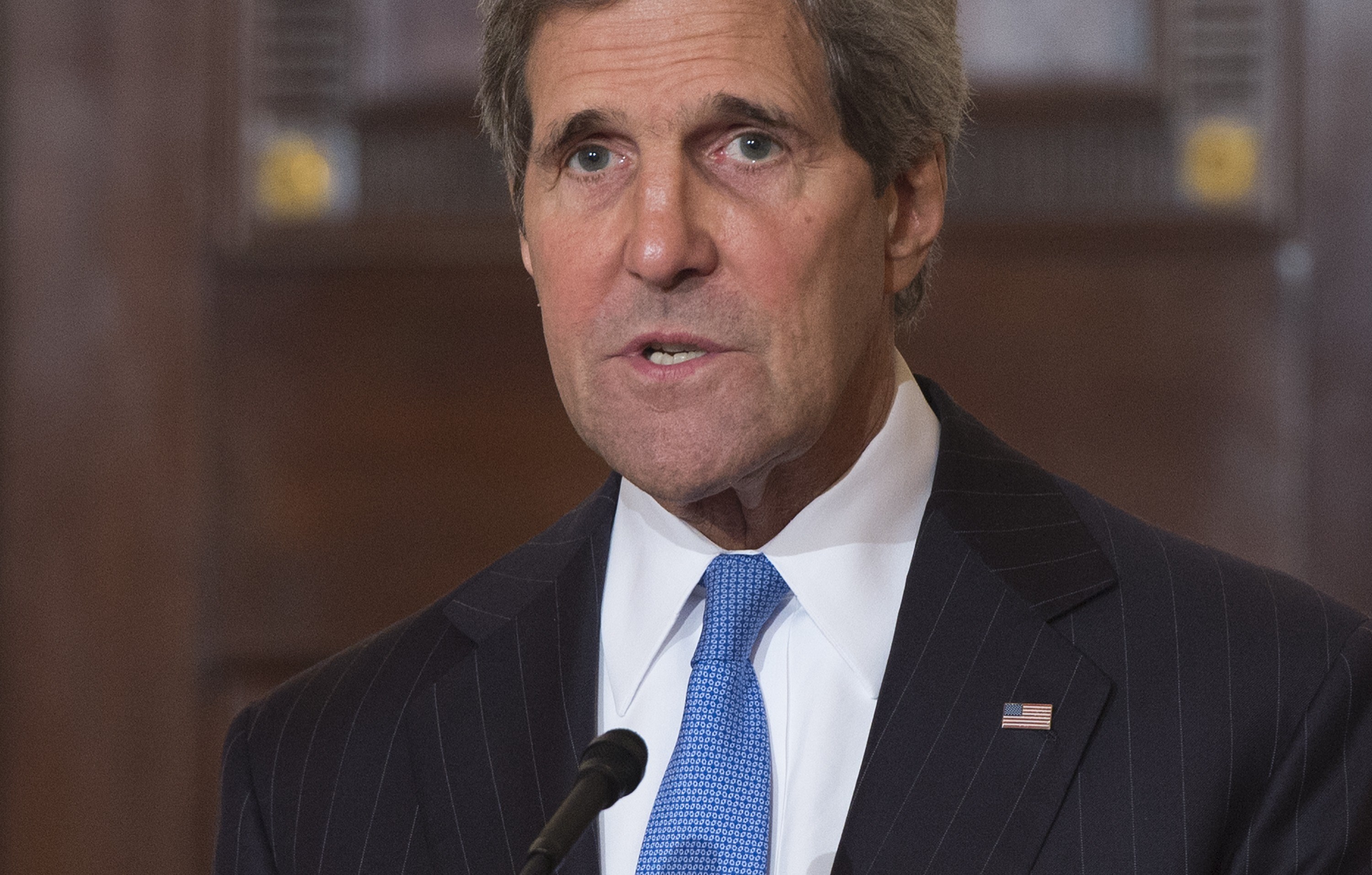 U.S. Secretary of State John Kerry speaks about the kidnapped school girls by the Nigerian terrorist organization Boko Haram, during a press availability at the U.S. State Department in Washington, DC, May 8, 2014. (SAUL LOEB&mdash;AFP/Getty Images)