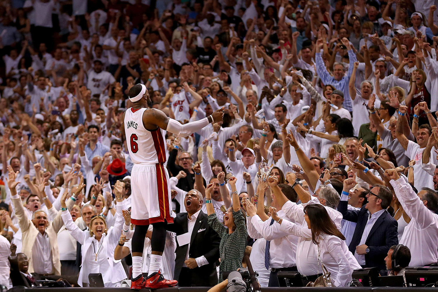 LeBron James #6 of the Miami Heat reacts to winning Game Five of the Eastern Conference Semifinals of the 2014 NBA Playoffs against the Brooklyn Nets at American Airlines Arena on May 14, 2014 in Miami.