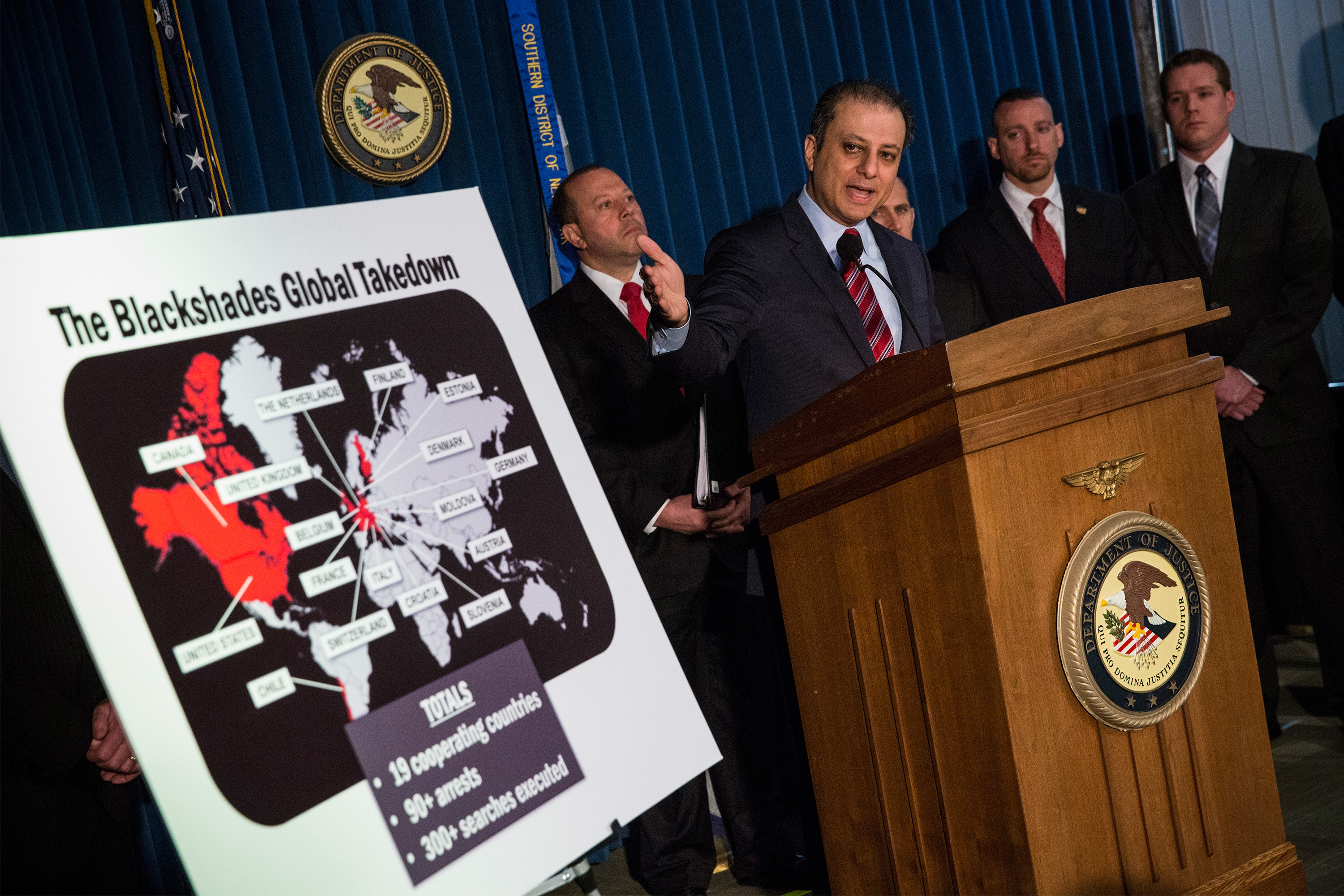 Preet Bharara, U.S. Attorney for the Southern District of New York, announces a massive law enforcement action targeting the creators of the Blackshades software - a malicious computer software that was openly sold on a website- on May 19, 2014 in New York City. (Andrew Burton—Getty Images)
