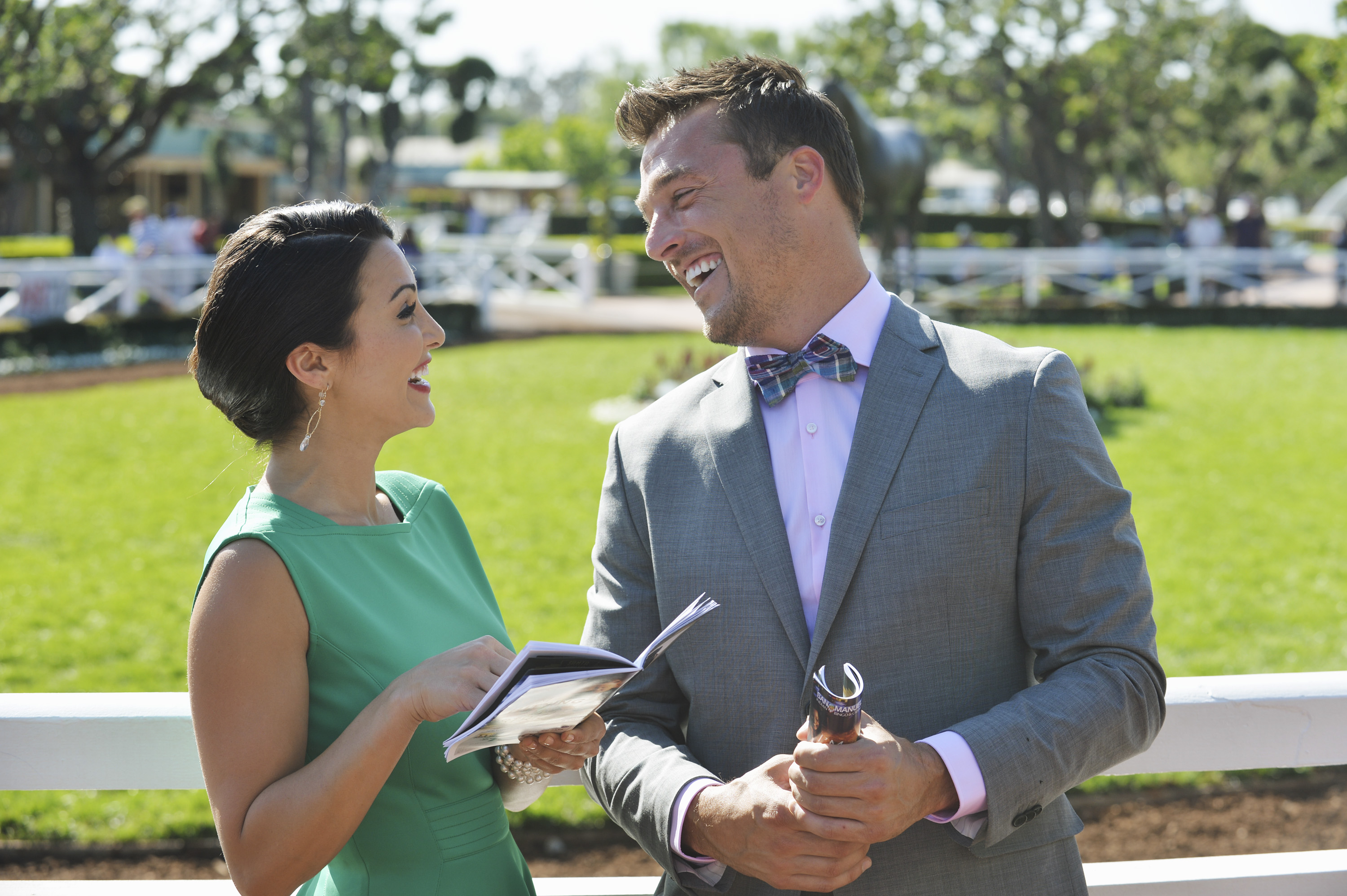 THE BACHELORETTE - "Episode 1002" - Andi treats Chris to a glamorous day of horse racing at Santa Anita Park, as the couple gets decked out in outfits reminiscent of the 1940's. They settle into their VIP seats with mint juleps and binoculars ready to see if their bets pay off. That night, they enjoy a special evening, slow dancing to the songs of "This Wild Life" during a private concert. Does this mean their relationship is on a fast track? - on "The Bachelorette," MONDAY, MAY 26 (8:00-10:01p.m., ET) on the ABC Television Network. (Photo by Todd Wawrychuk/ABC via Getty Images) (Todd Wawrychu—ABC/ Getty Images)