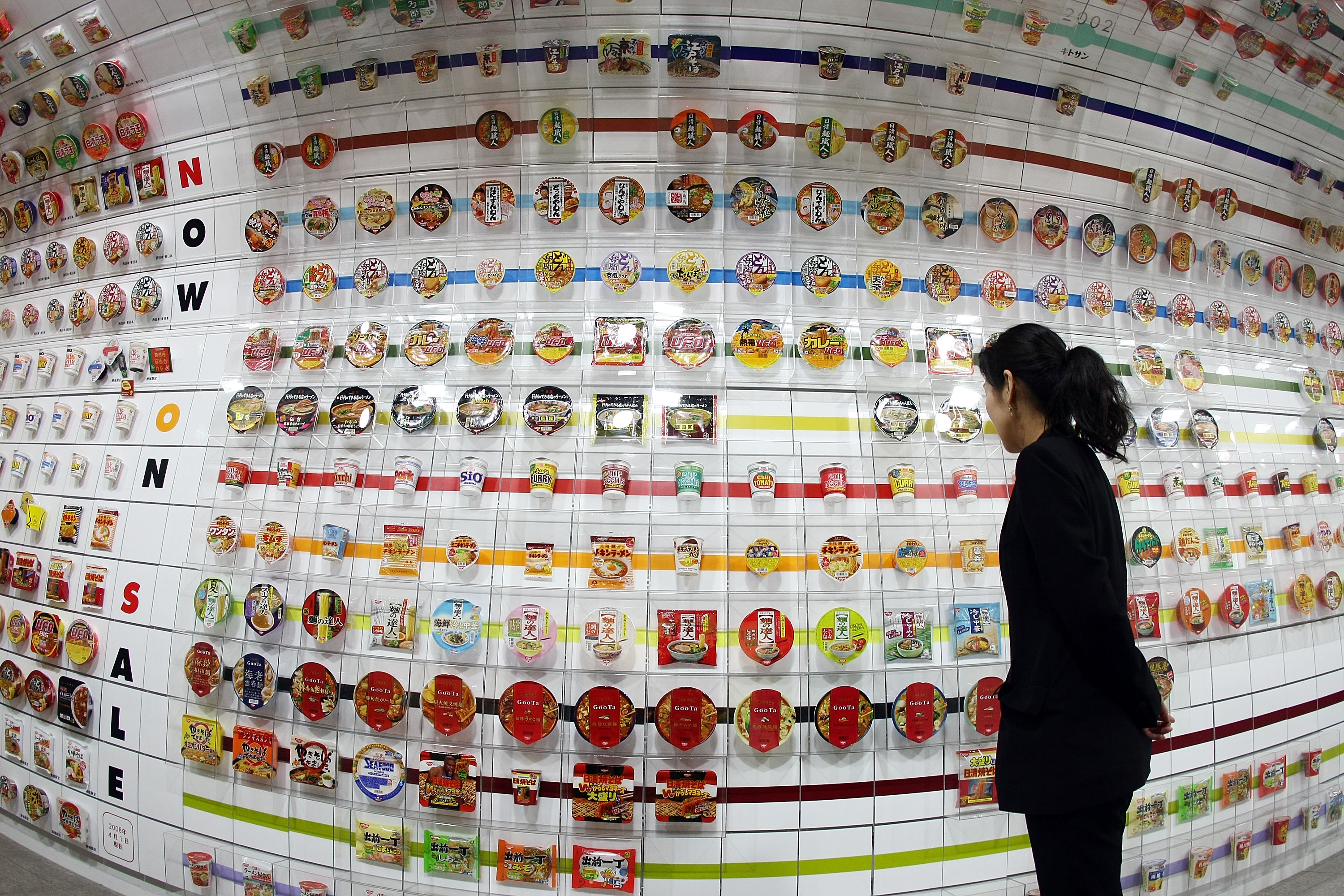 Instant cup noodles are on display at the Instant Ramen Museum on April 8, 2008 in Osaka, Japan. (Junko Kimura—Getty Images)