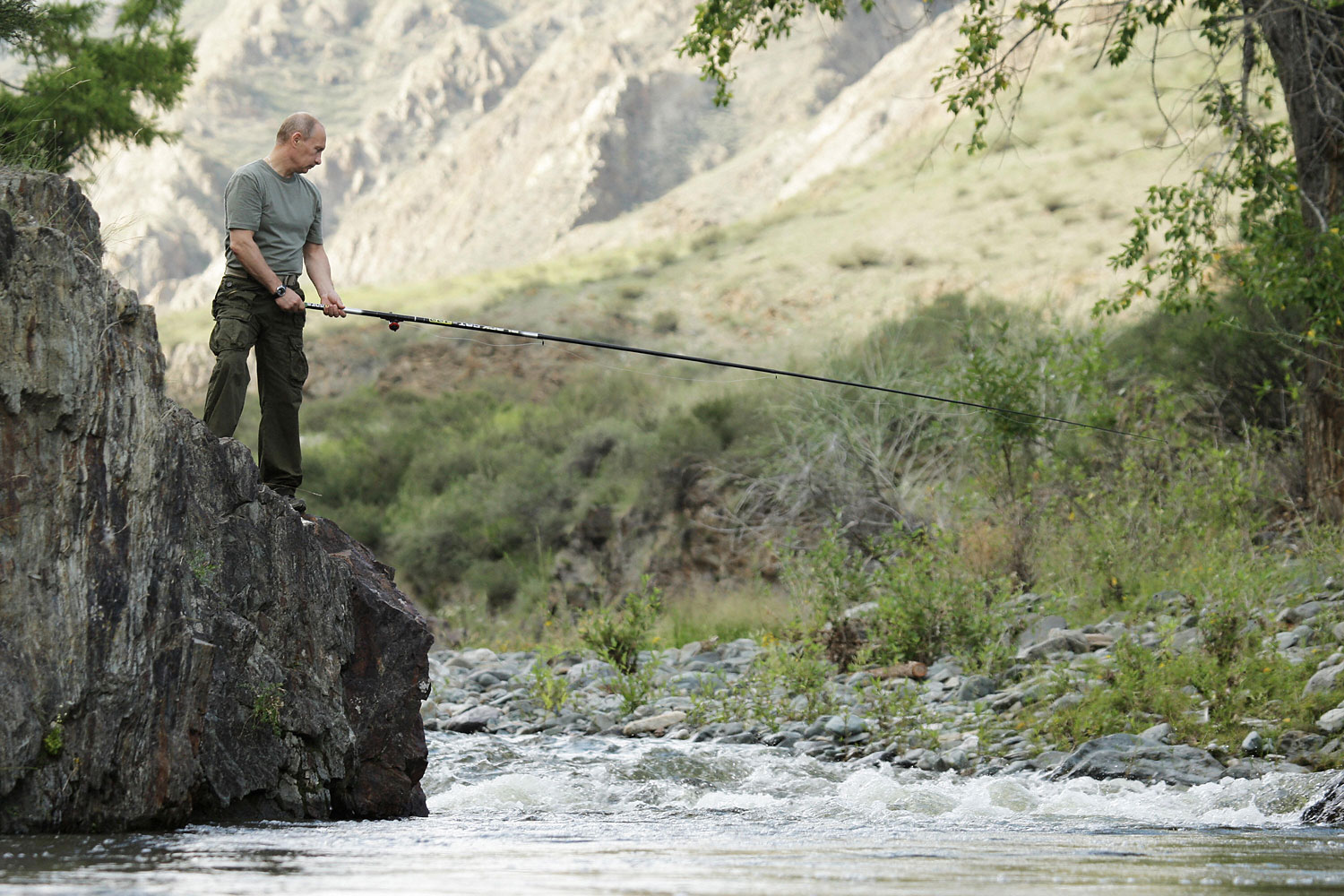 Putin hooked at least one fish from this perch, Aug. 3, 2009. (Inge Morath)