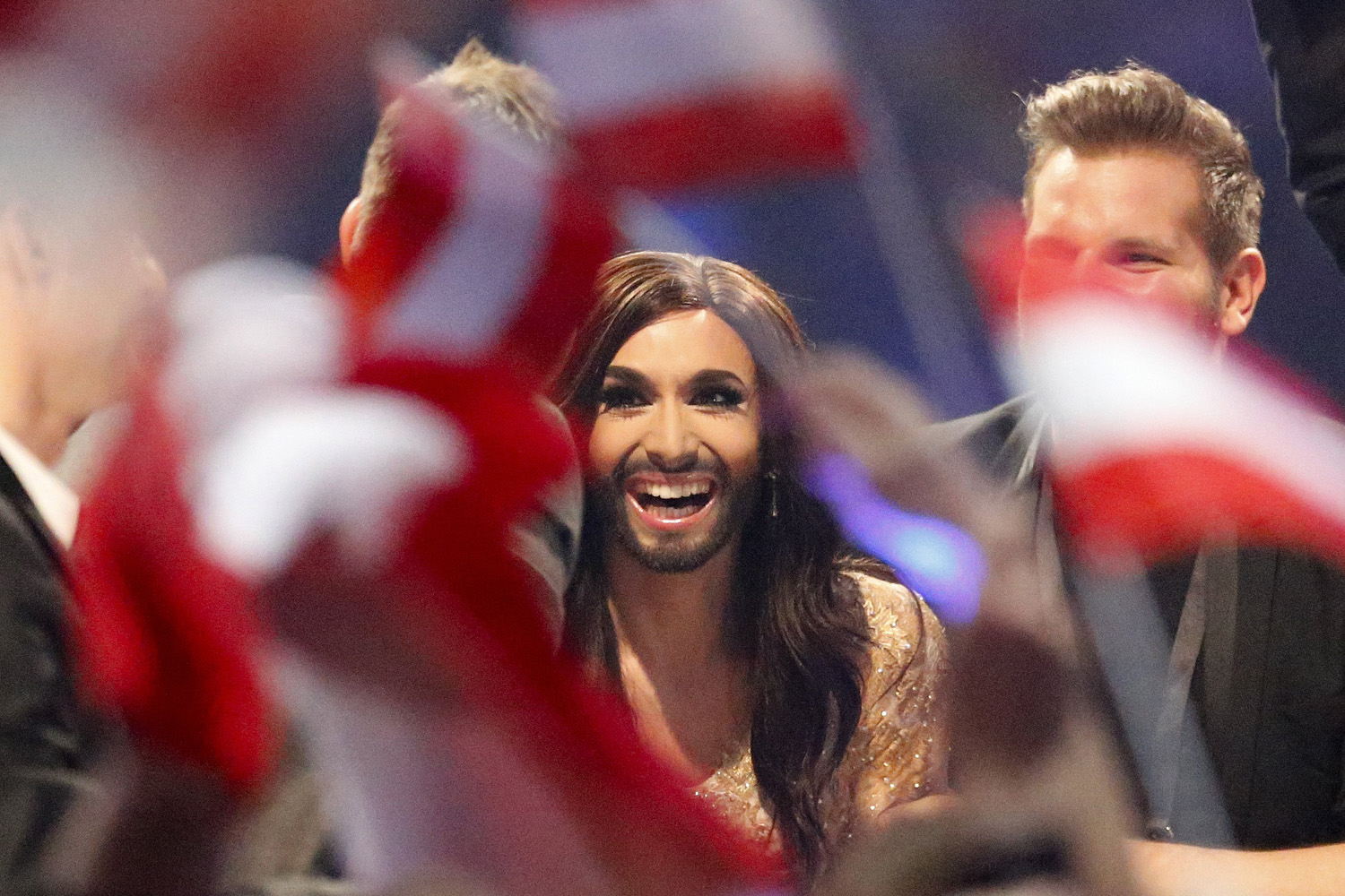 Singer Conchita Wurst representing Austria who performed the song 'Rise Like a Phoenix' listens as points are announced during the judging at the final of the Eurovision Song Contest in the B&W Halls in Copenhagen, on May 10, 2014.