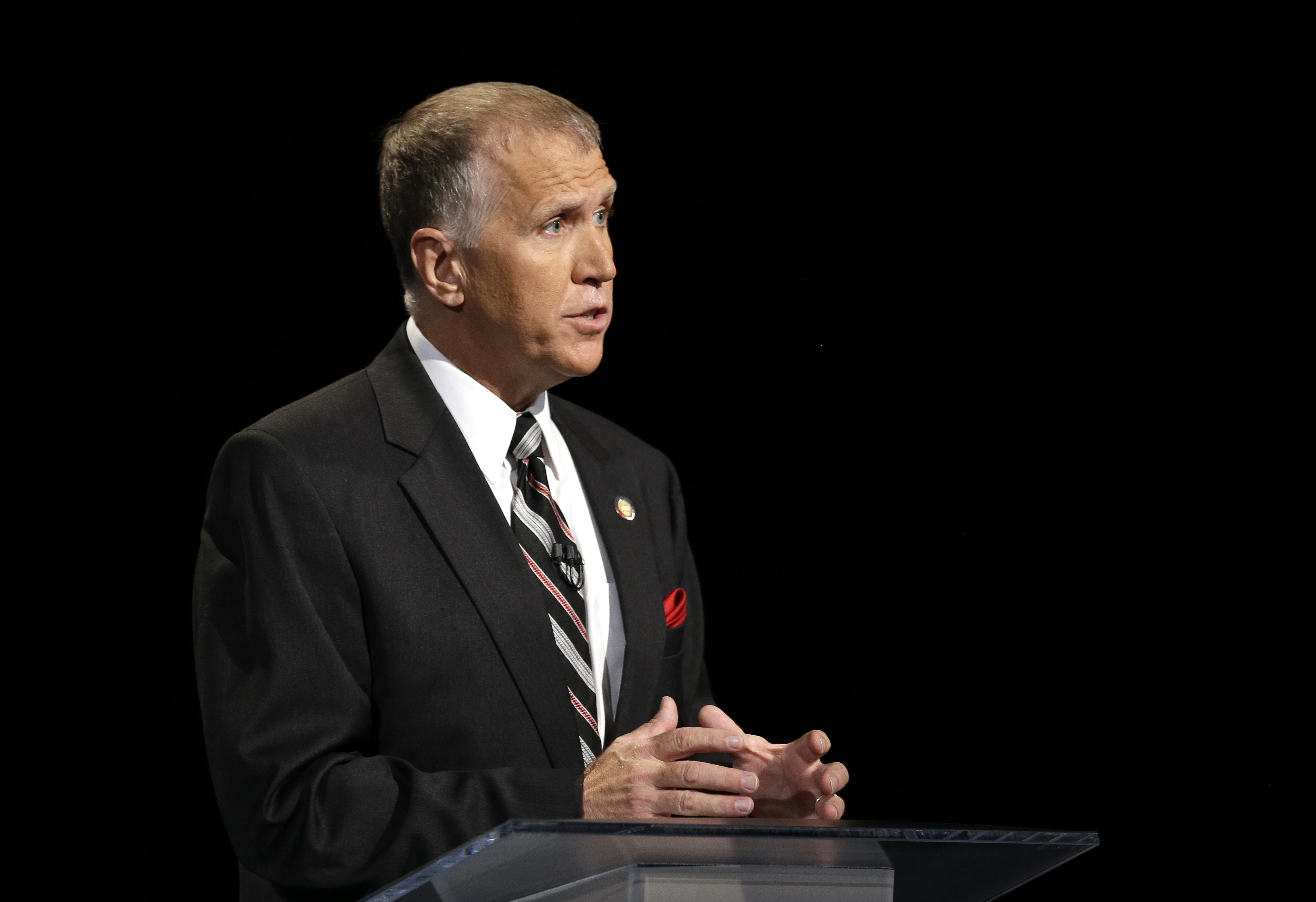 Republican senatorial candidate Thom Tillis speaks during a live televised debate at UNC-TV studios in Research Triangle Park, N.C., Monday, April 28, 2014. (AP)