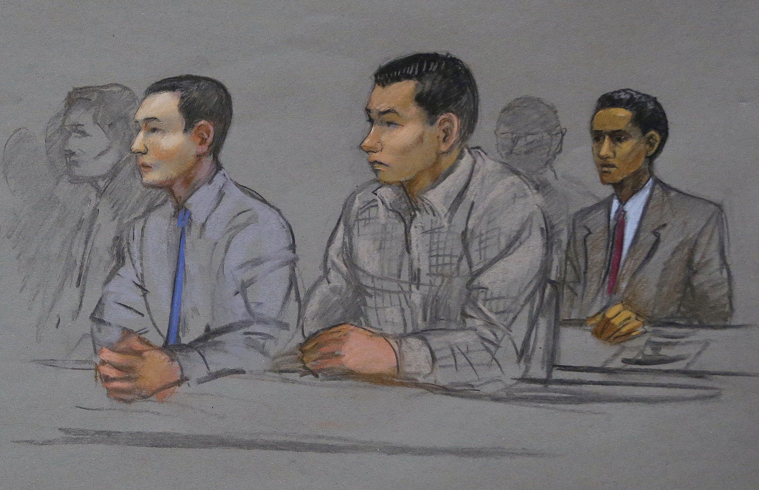 This courtroom sketch shows defendants Azamat Tazhayakov, left, Dias Kadyrbayev, center, and Robel Phillipos, right, college friends of Boston Marathon bombing suspect Dzhokhar Tsarnaev, during a hearing in federal court Tuesday, May 13, 2014, in Boston. (Jane Flavell Collins—AP)