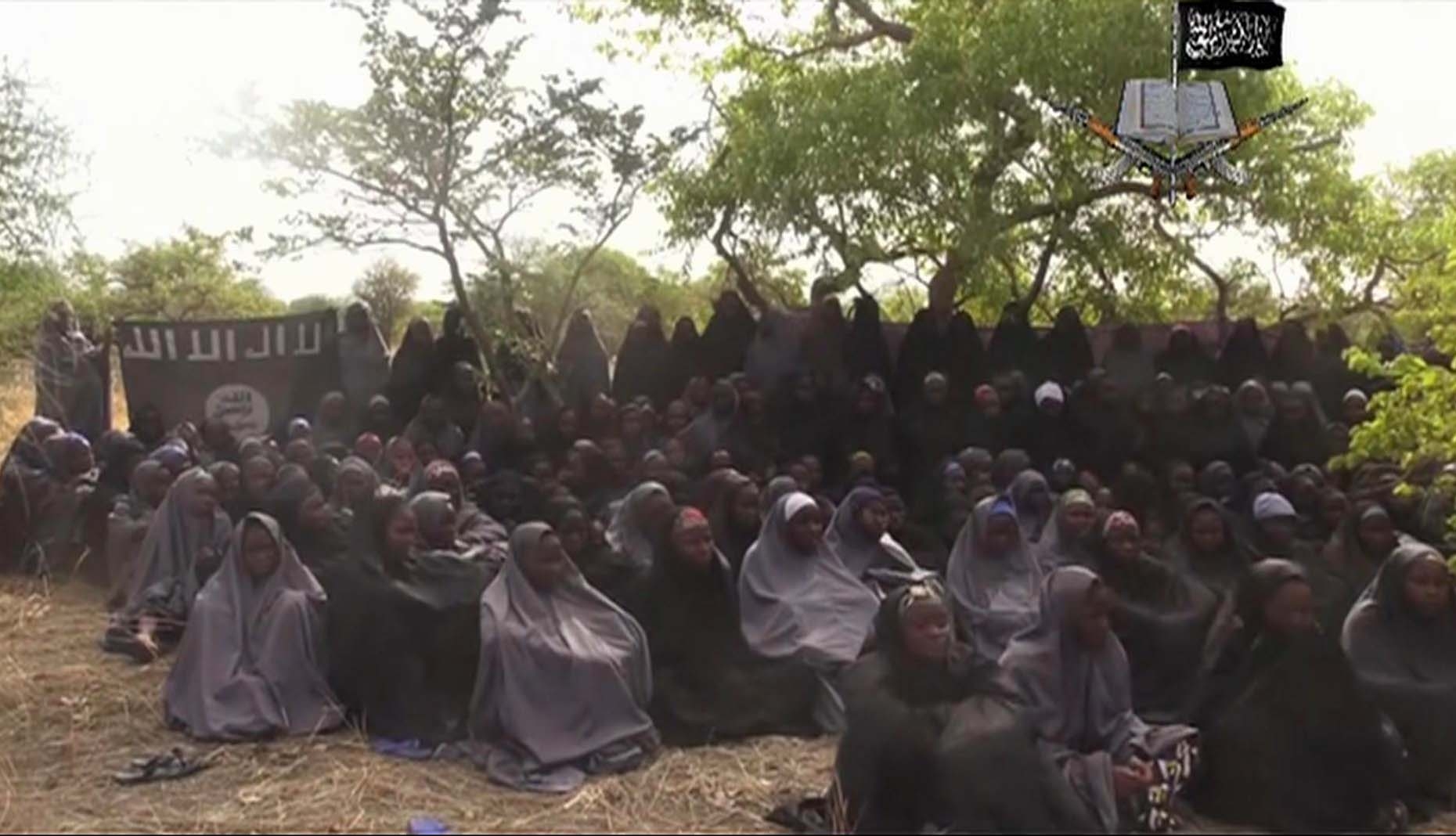This photo taken from a video by Nigeria's Boko Haram terrorist network on May 12, 2014, purportedly shows some of the kidnapped girls (Associated Press)