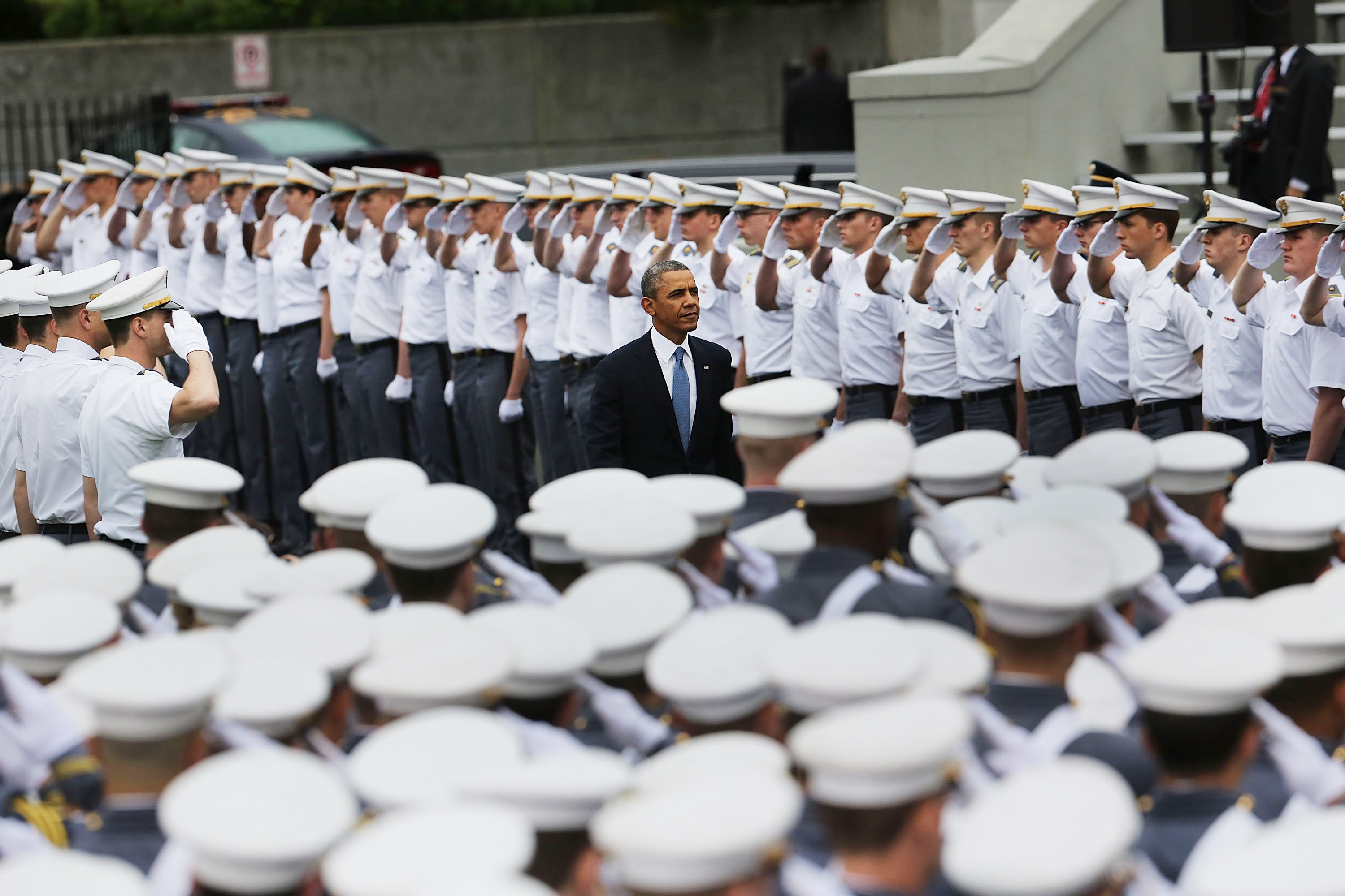 President Barack Obama enters the stadium at West Point to give the commencement address at the graduation ceremony at the U.S. Military Academy on May 28, 2014 in West Point, N.Y. (Spencer Platt—Getty Images)