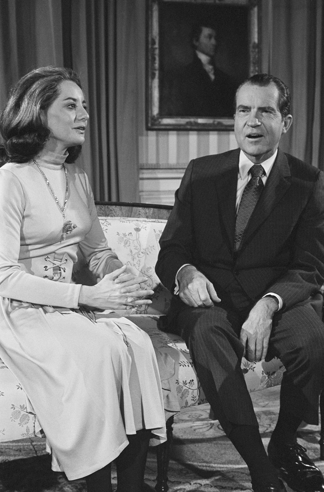 From left: Co-anchor Barbara Walters interviews President Richard Nixon.