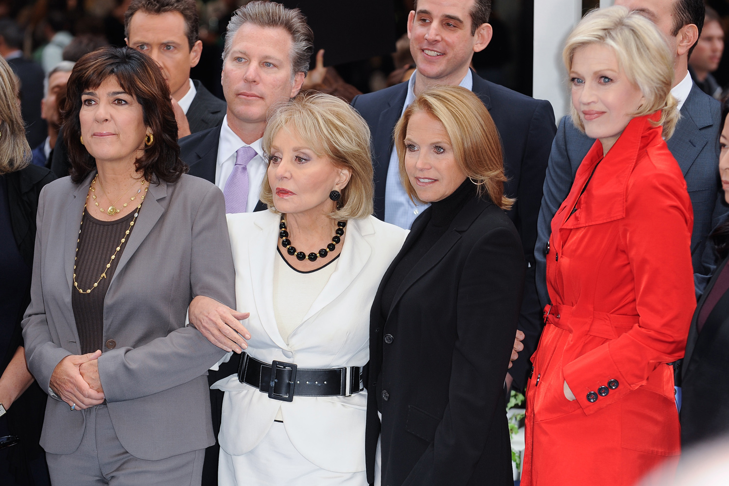 News reporters Christiane Amanpour, Barbara Walters, Katie Couric, and Diane Sawyer tape an interview at "Good Morning America" at the ABC Times Square Studios in New York City, Oct. 3, 2011.