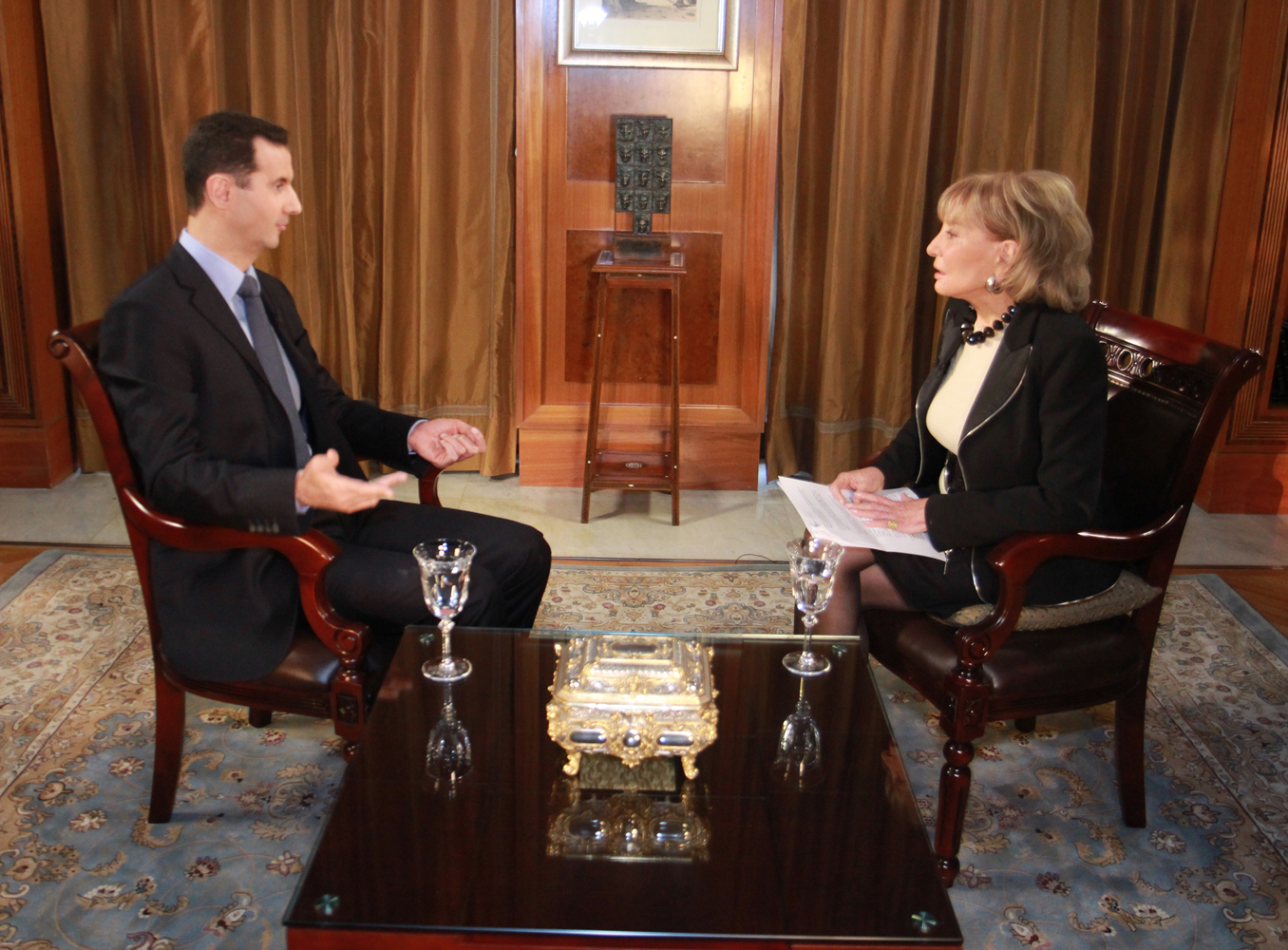 Syrian President Bashar Al-Assad with ABC News Anchor Barbara Walters for his first on-camera interview with an American journalist since the uprising in Syria began. The interview aired across ABC platforms on Dec. 7, 2011.