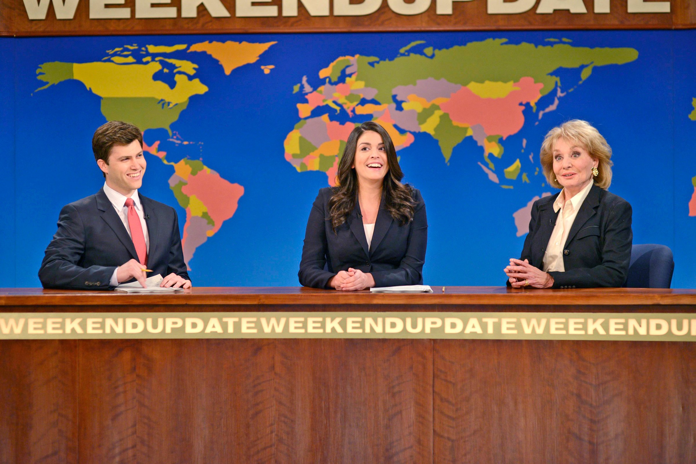 From left: Colin Jost, Cecily Strong and Barbara Walters during Weekend Update on Saturday Night Live on May 10, 2014.