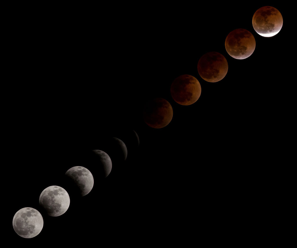 From open prairie land on the 1625-acre Johnson Space Center site, a JSC photographer took this multi-frame composite image of the so-called "Blood Moon" lunar eclipse in the early hours of April 15, 2014.