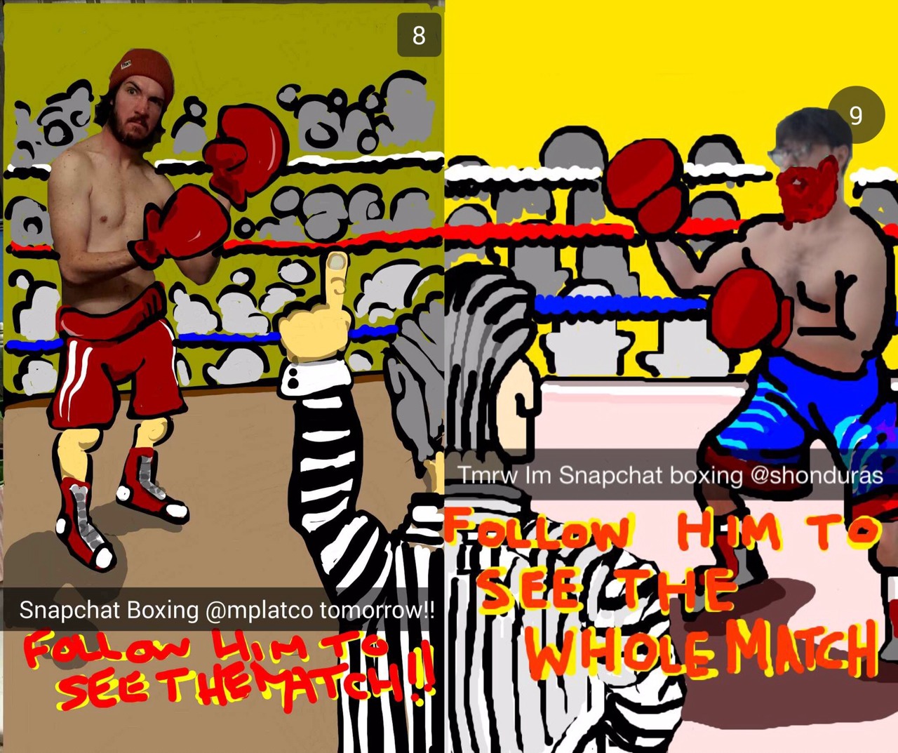 Snapchatters Shonduras and Mplatco sent their followers disappearing photos of them boxing (Shonduras and Mplatco / Snapchat)