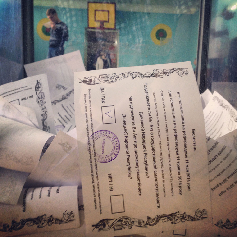 May 11, 2014. A "yes" ballot in a ballot box during eastern Ukraine's independence referendum in Khartsyzk, Ukraine.