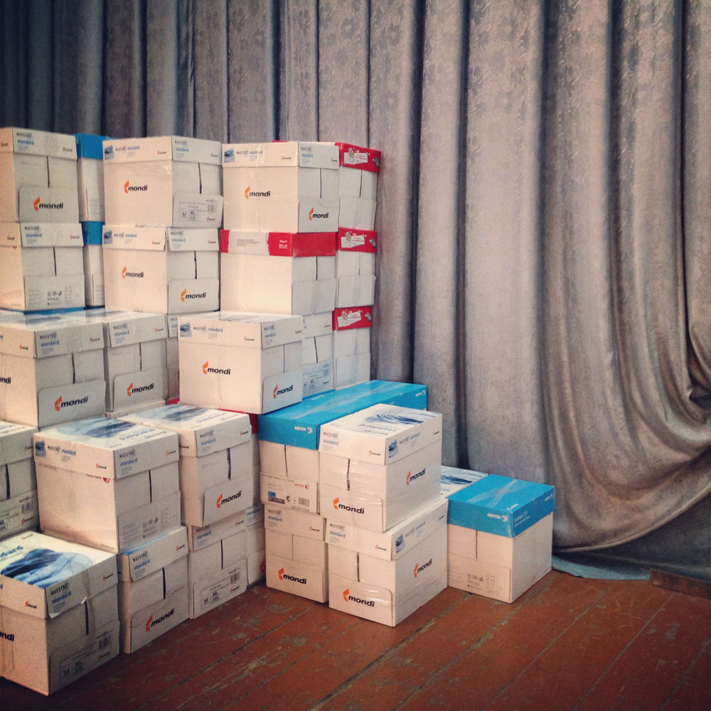 May 7, 2014. Boxes of ballot papers await distribution to polling stations around Donetsk in advance of the following Sunday's referendum in Ukraine.