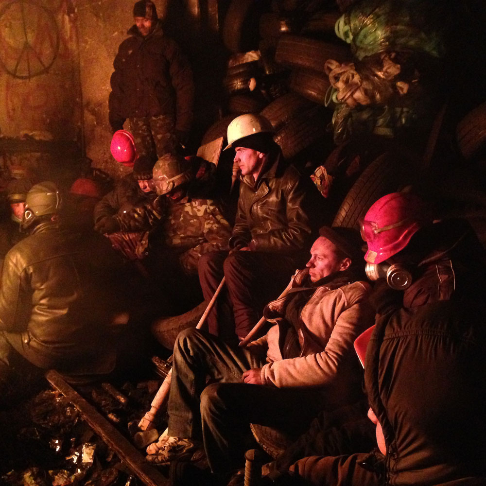 Jan. 26, 2014. Euromaidan protesters sit at barricades in Kyiv, Ukraine.