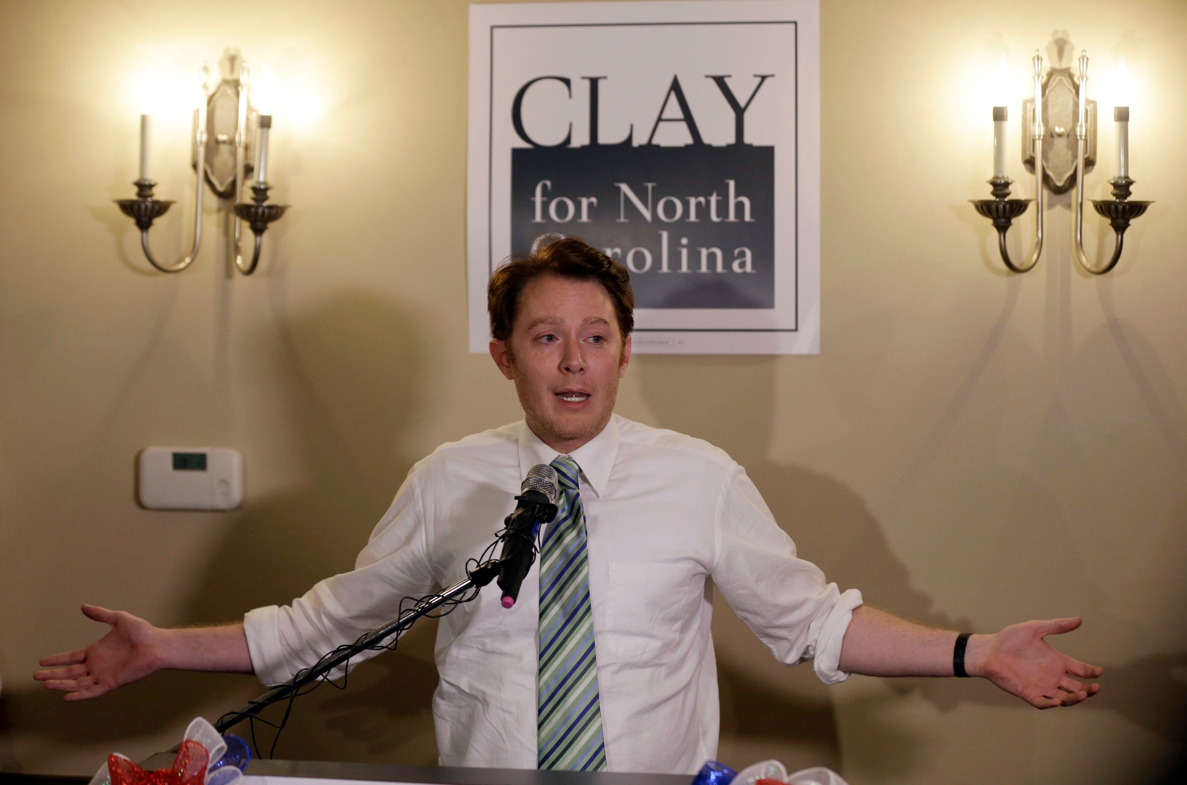 Clay Aiken speaks to supporters during an election night watch party in Holly Springs, N.C., May 6, 2014.