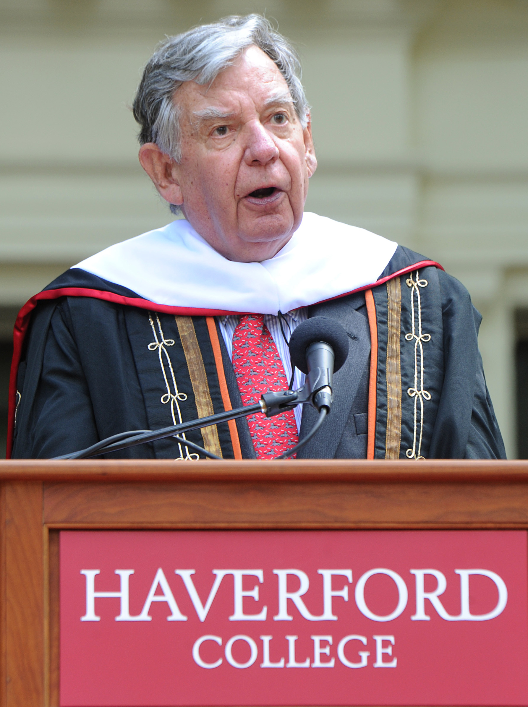William Bowen, former president of Princeton University, delivers his commencement speech to the graduates of Haverford College on Sunday. He called the controversy over a planned speaker sad and troubling. (Clem Murray—AP)