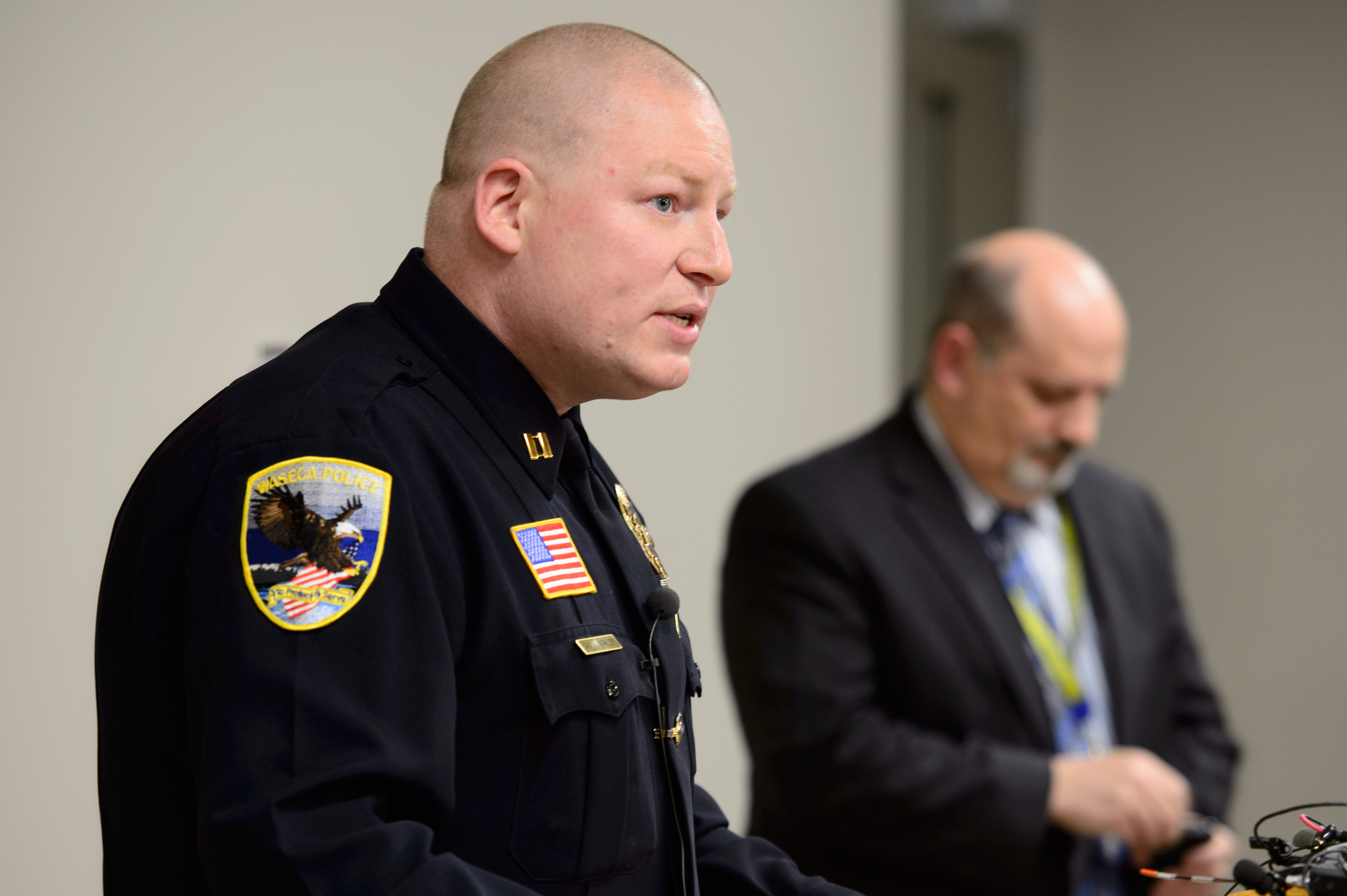 Waseca Police Captain Kris Markeson, left, and Waseca school Superintendent Tom Lee spoke at a news conference on May 1, about the  17-year-old arrested in plot to kill family and massacre students at Waseca school. (Glen Stubbe—The Star Tribune—AP)