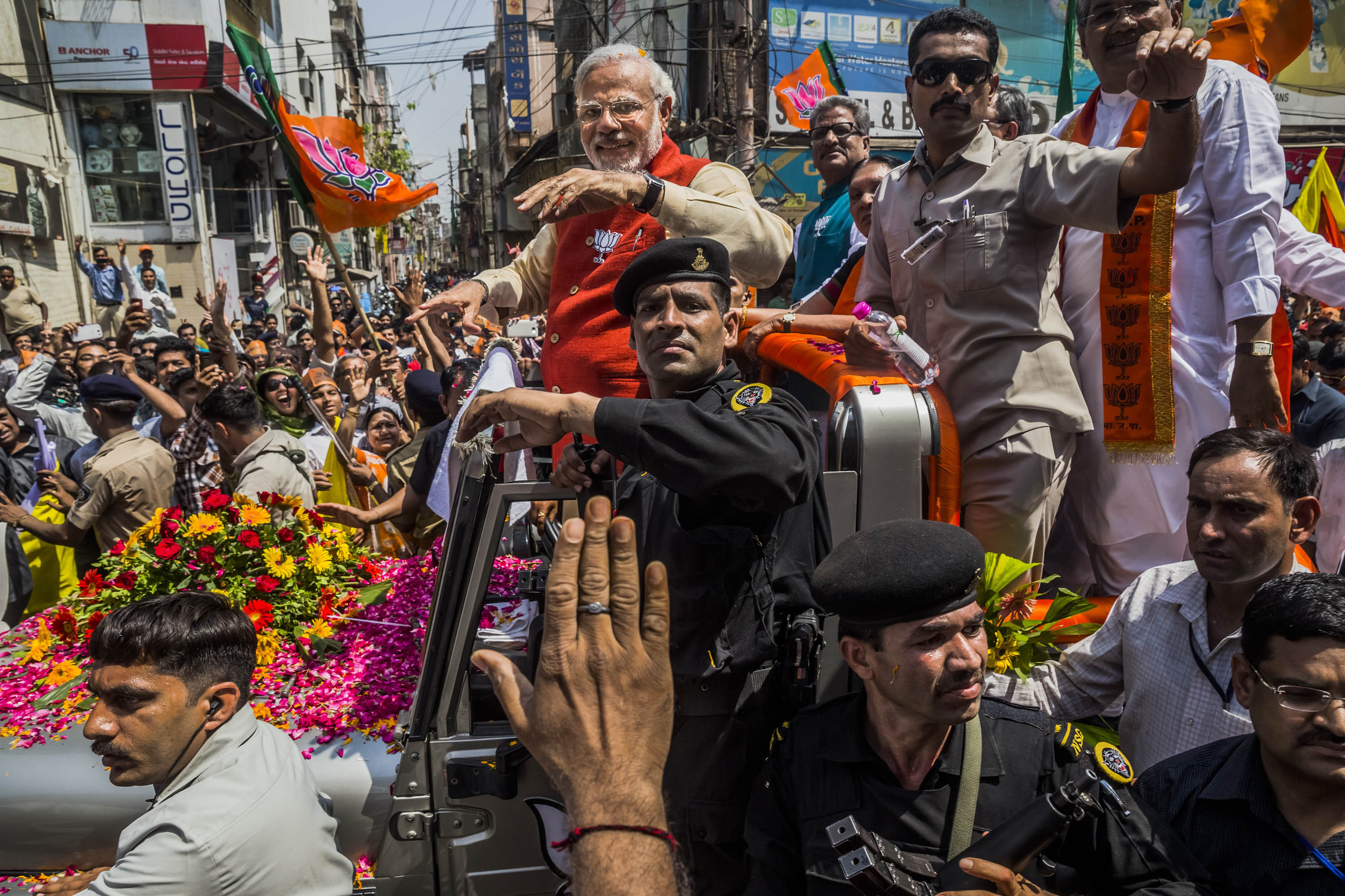 The road to victory, Modi greets supporters at an election rally in Gujarat, where he was chief minister 