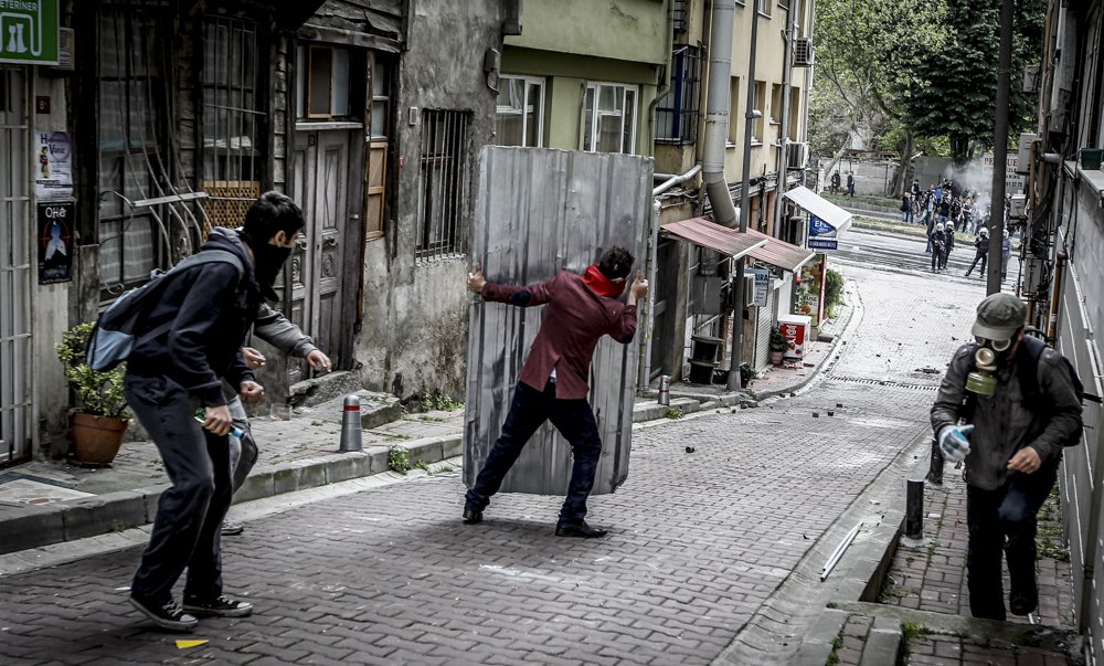 Turkish protesters during clashes with riot police who tried to prevent demonstrators from reaching Taksim Square in Istanbul for a May Day rally on May 1, 2014.
