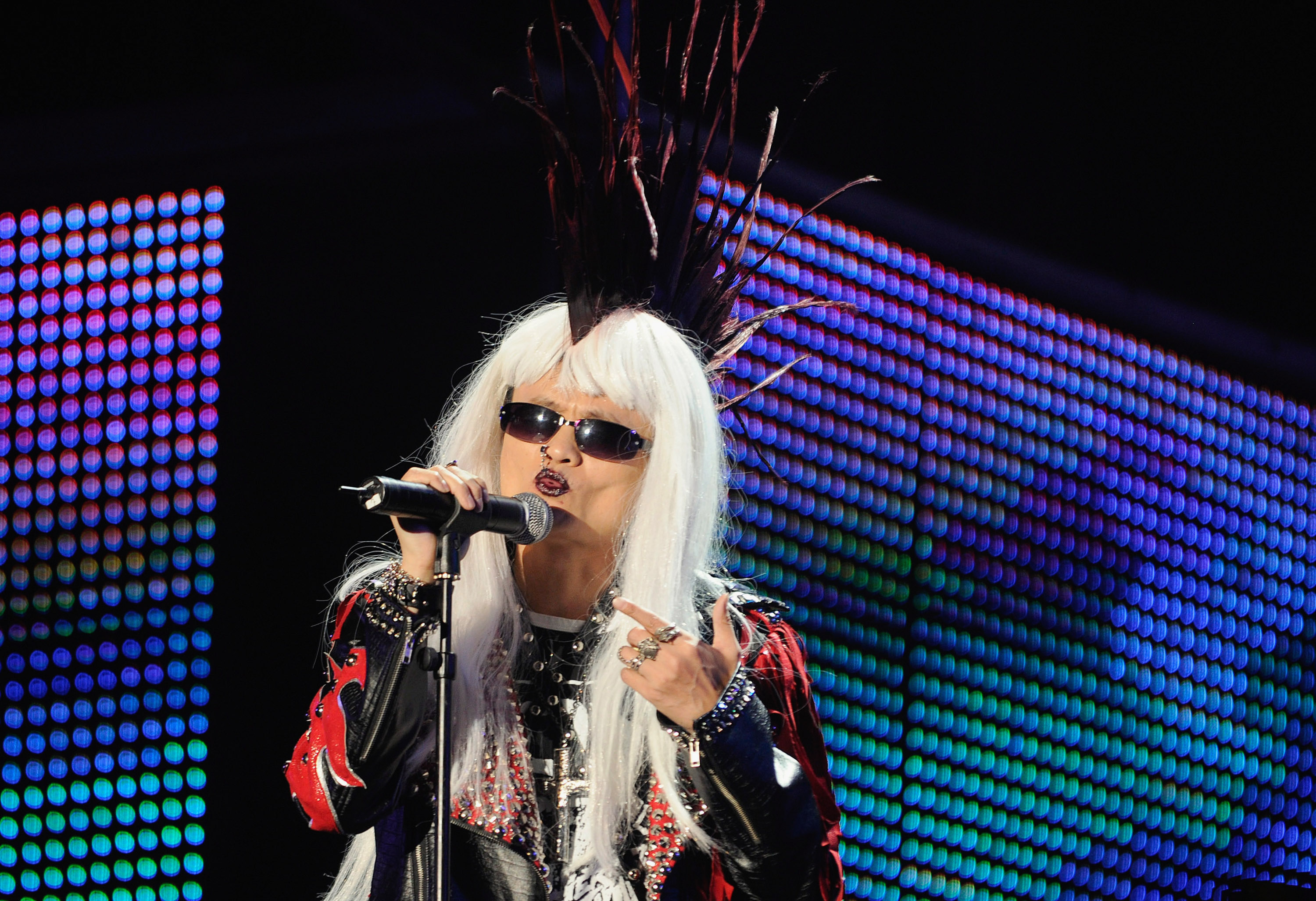 HANGZHOU, CHINA -  Alibaba Group Chairman and Chief Executive Officer Ma Yun dressed as a punk rocker performs during the 10th anniversary celebration of  Alibaba Group founding at Huanglong Sports Center on September 10, 2009 in Hangzhou, Zhejiang Province of China.  (Photo by ChinaFotoPress/Getty Images) (ChinaFotoPress&mdash;Getty Images)