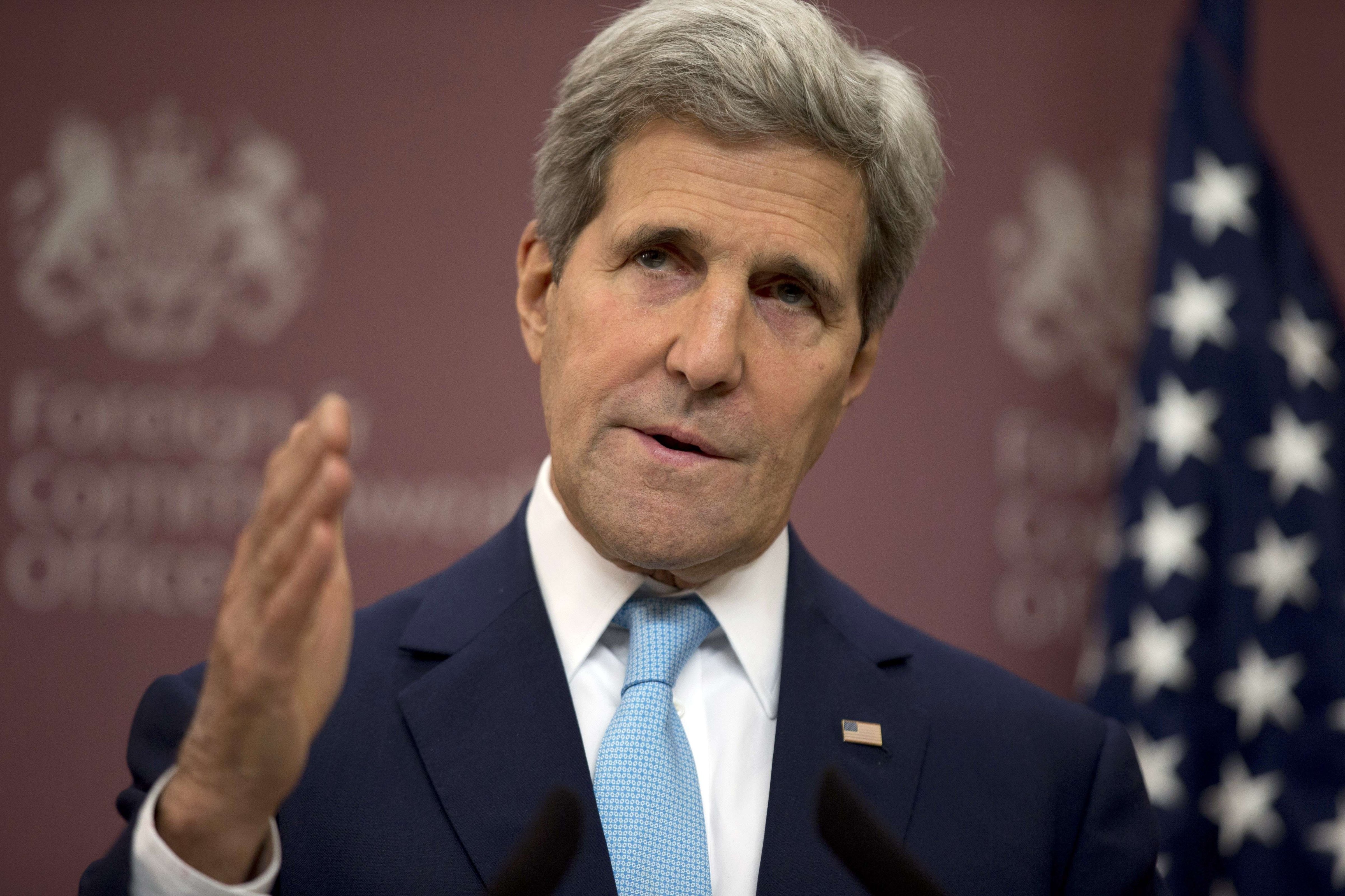 U.S. Secretary of State John Kerry speaks during a press conference following the Friends of Syria meeting in London on May 15, 2014. (Matt Dunham—AFP/Getty Images)