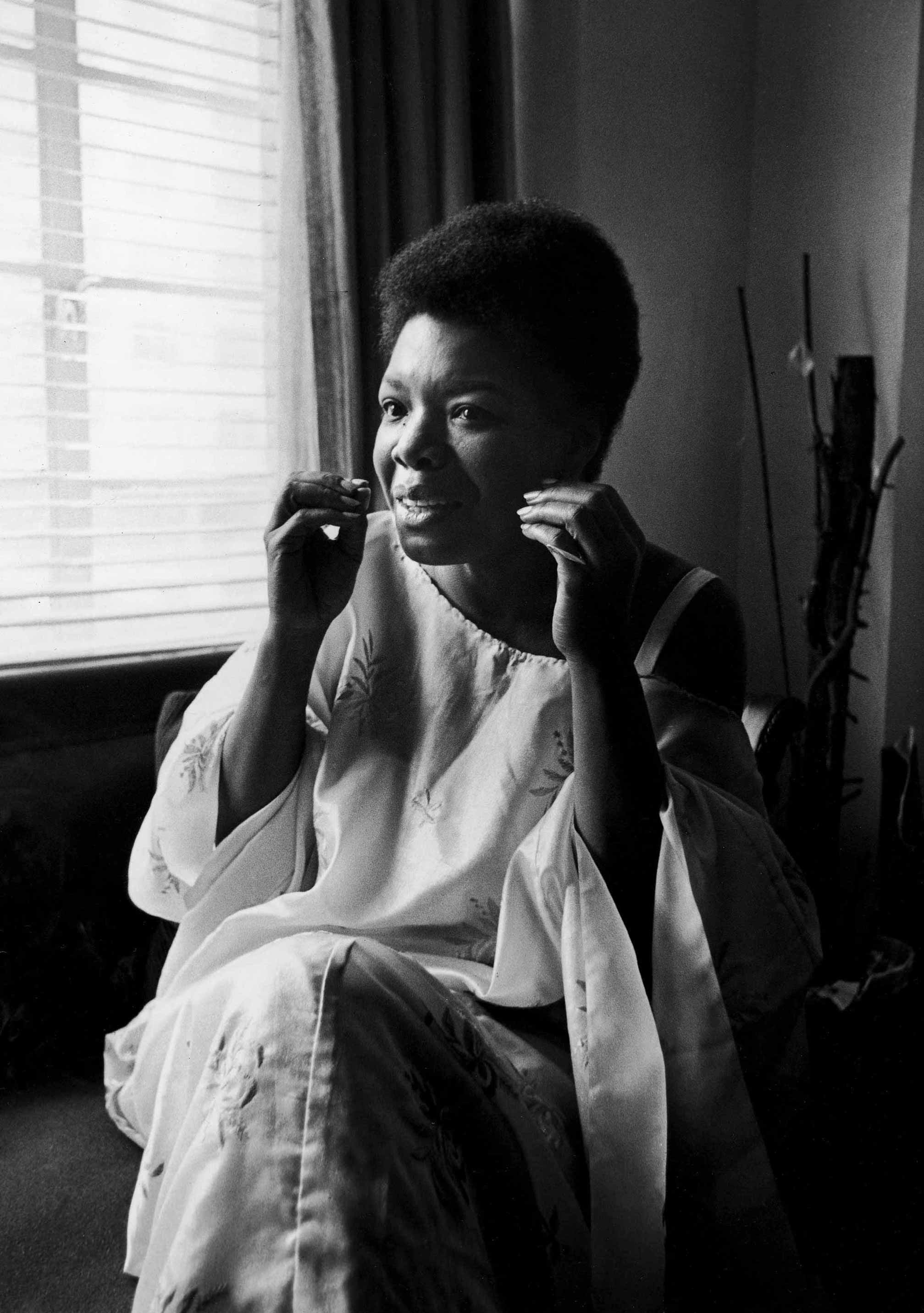 <em>Angelou, in 1970, talking about her autobiography</em> I Know Why the Caged Bird Sings (G. Marshall Wilson—Ebony Collection/AP)