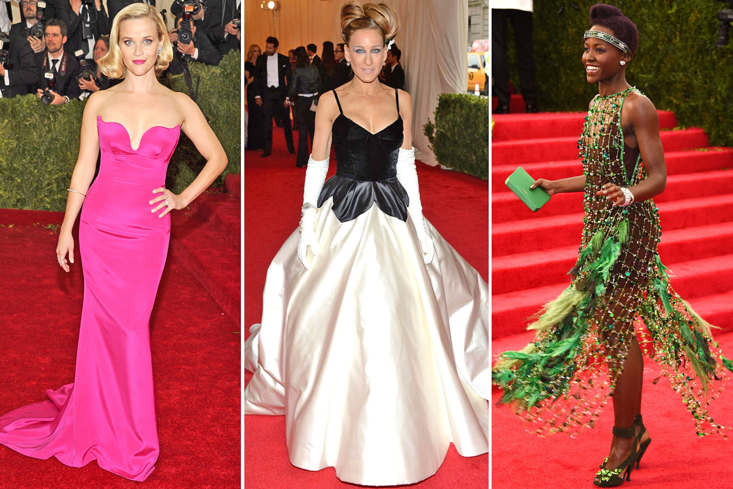 From left: Reese Witherspoon, Sarah Jessica Parker, and Lupita Nyong'o attend The Metropolitan Museum of Art's Costume Institute benefit gala celebrating "Charles James: Beyond Fashion" on May 5, 2014, in New York City.