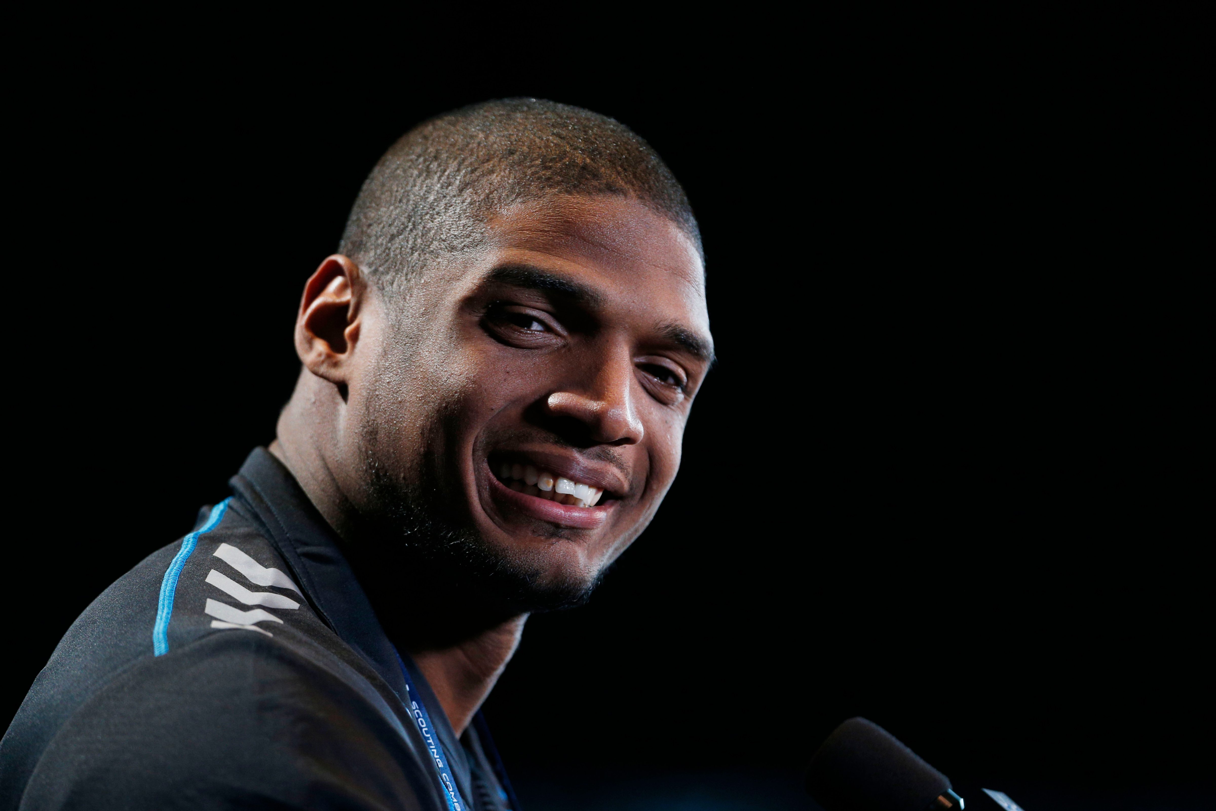 Missouri Tigers defensive end Michael Sam speaks to the media in a press conference during the 2014 NFL Combine at Lucas Oil Stadium on
                      Feb 22, 2014. (USA Today Sports / Reuters)