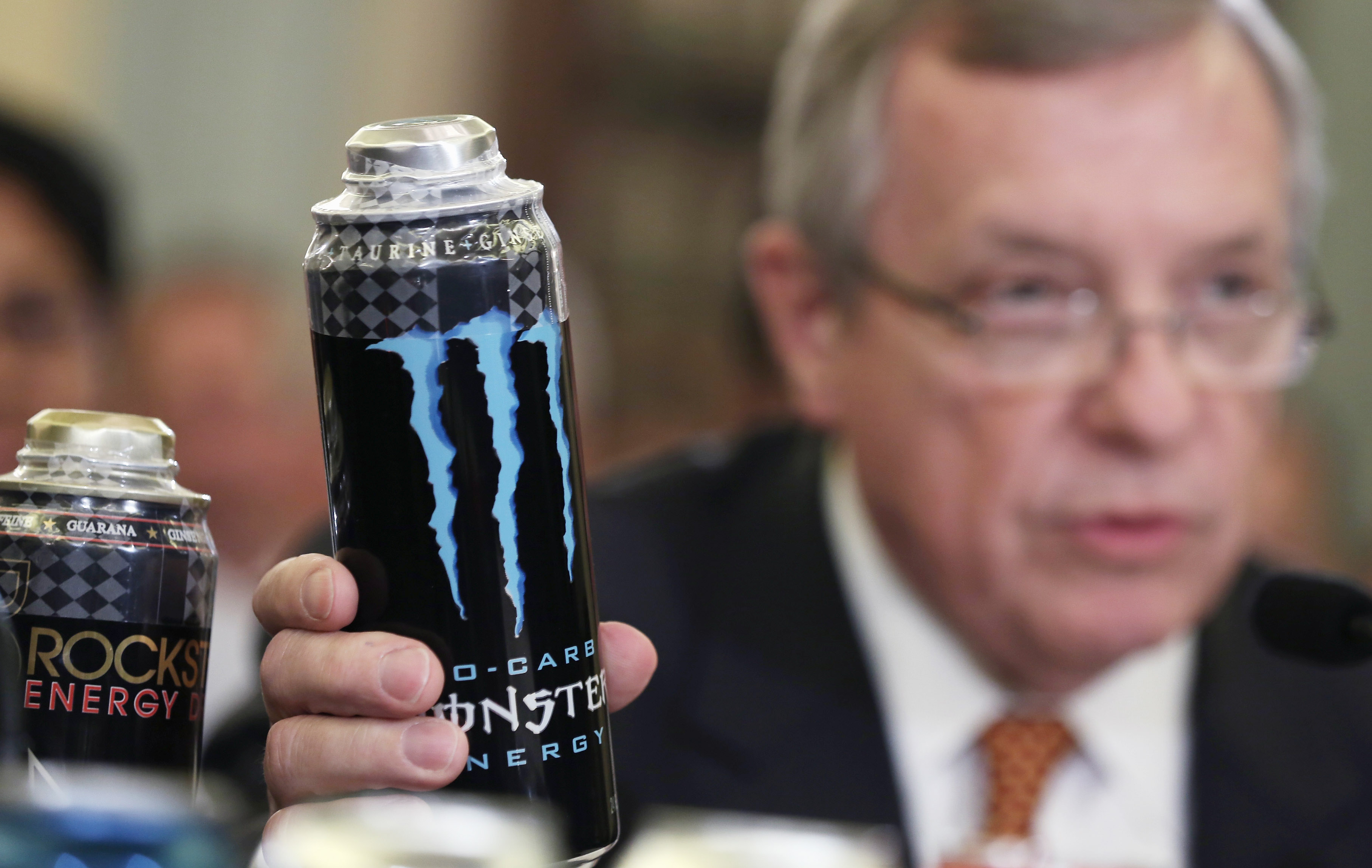 U.S. Senate Majority Whip Sen. Richard Durbin (D-IL) holds up a can of Monster energy drink as he testifies during a hearing before the Senate Commerce, Science and Transportation Committee July 31, 2013 on Capitol Hill in Washington, DC. (Joe Raedle&mdash;Getty Images)