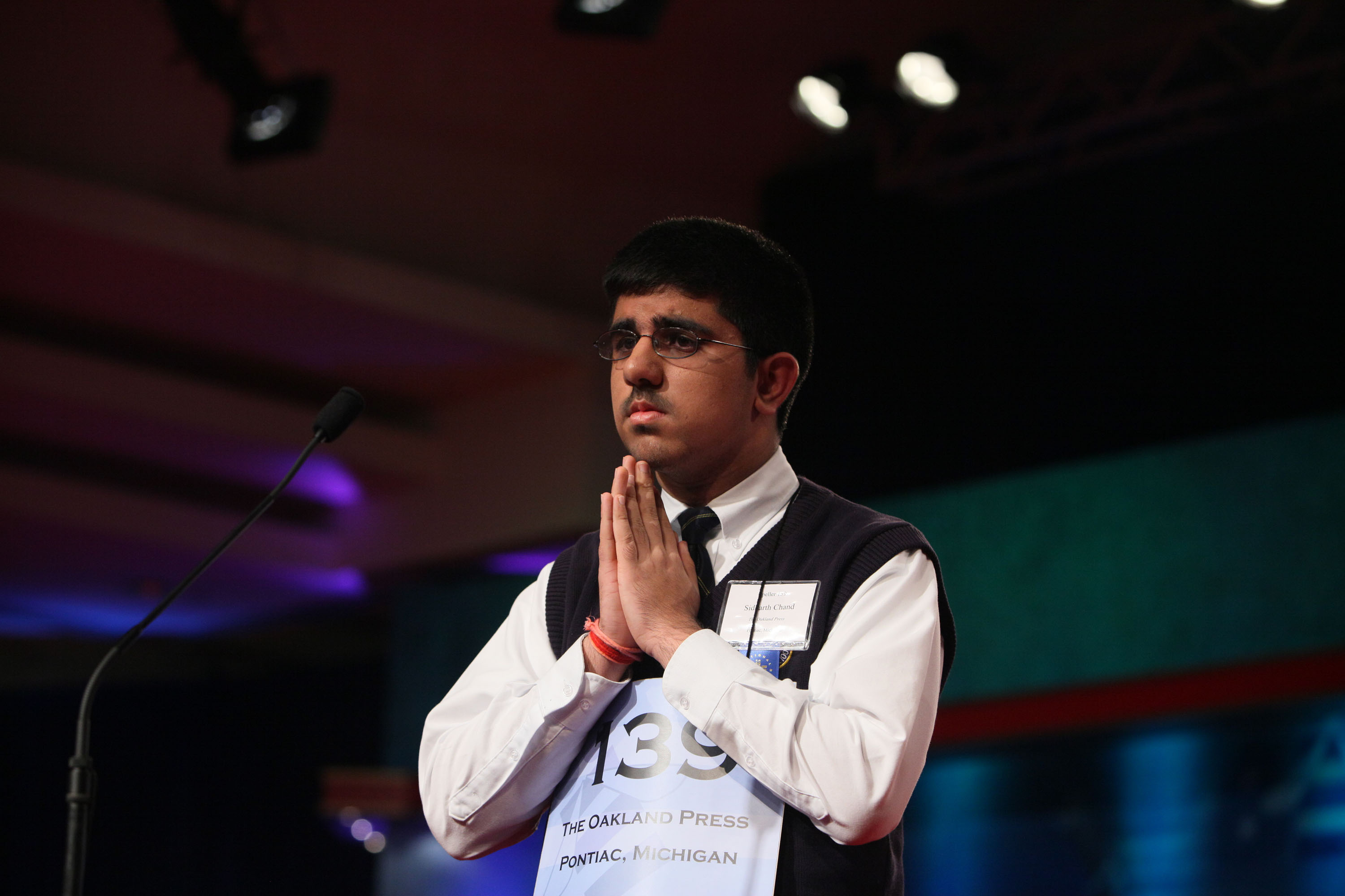 Sidharth Chand, of Pontiac, Mich. reacts after misspelling  apodyterium  during the Scripps National Spelling Bee on May 28, 2009 in Washington.