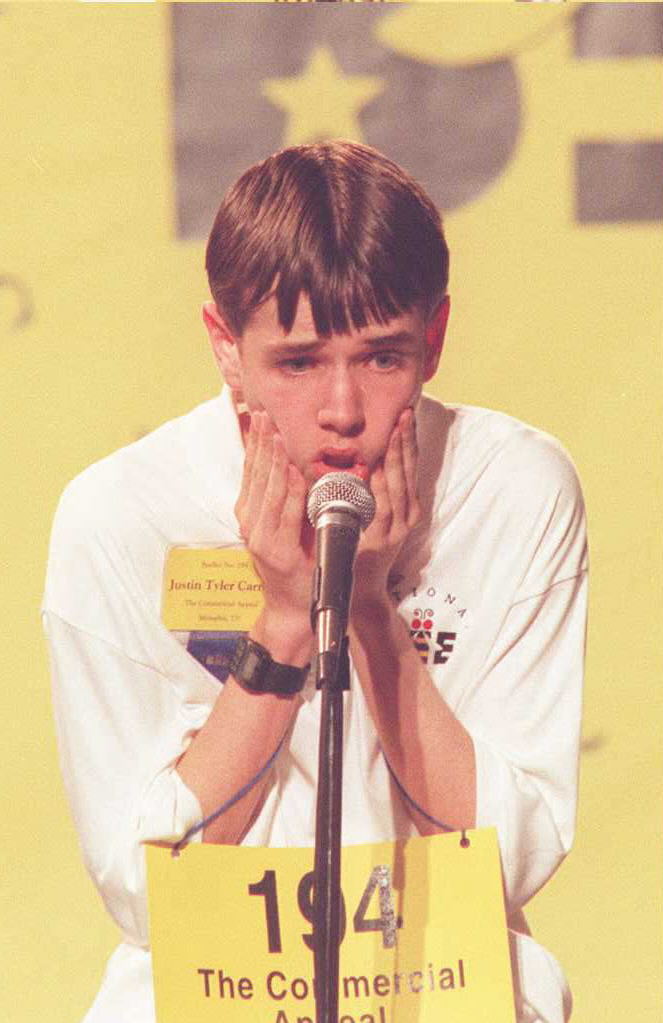 Justin Carroll concentrates on the word  synchretized , which he spelled in the final round of the Scripps Howard National Spelling Bee on June 1, 1995 in Washington.