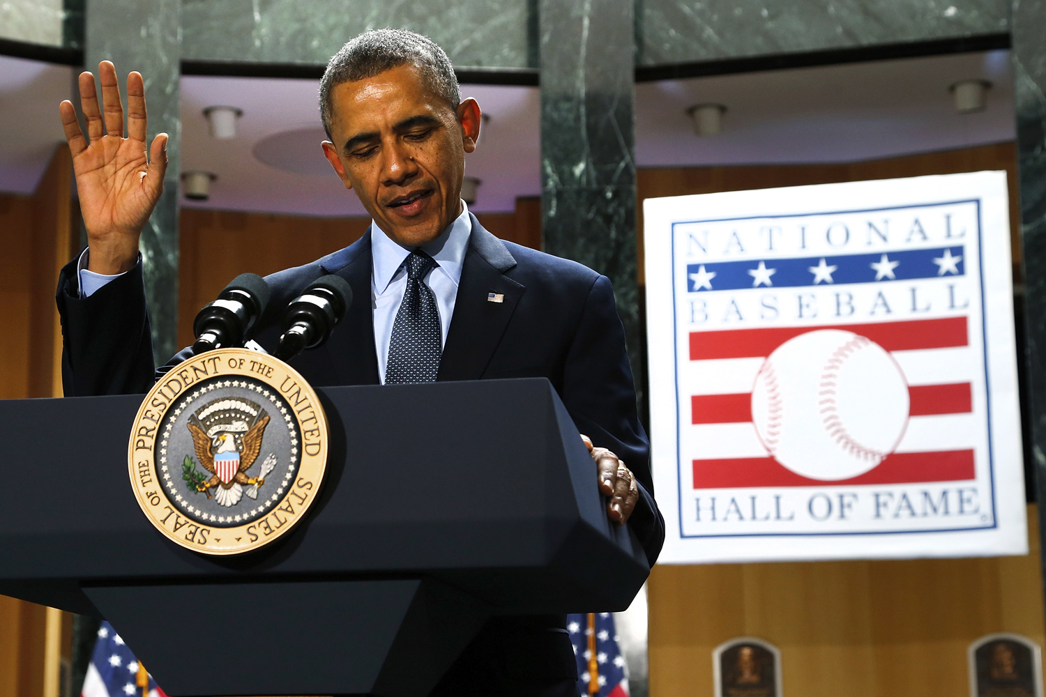 U.S. President Barack Obama delivers remarks at the National Baseball Hall of Fame in Cooperstown