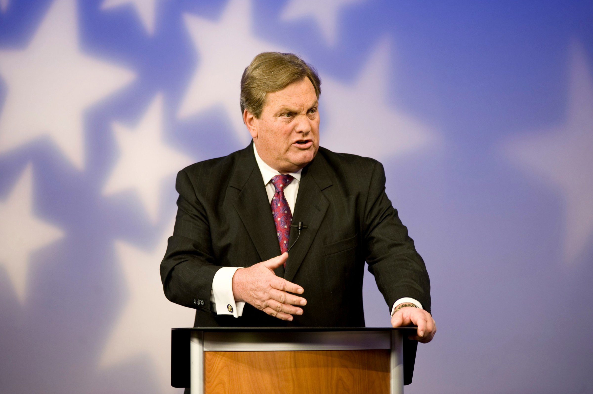 Incumbent Congressman Mike Simpson speaks at a televised debate for the upcoming Republican primary election at the studios of Idaho Public Television in Boise, Idaho May 11, 2014.
