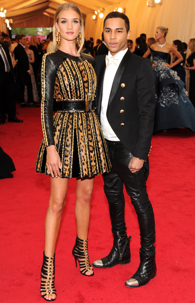 From left: Rosie Huntington Whiteley and Olivier Rousteing attend the "Charles James: Beyond Fashion" Costume Institute Gala at the Metropolitan Museum of Art on May 5, 2014 in New York City.