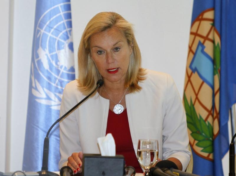 Sigrid Kaag, special coordinator of the Organization for the Prohibition of Chemical Weapons–U.N. joint mission on eliminating Syria's chemical weapons, speaks at a news conference in Damascus on April 27, 2014 (Khaled Al Hariri—Reuters)