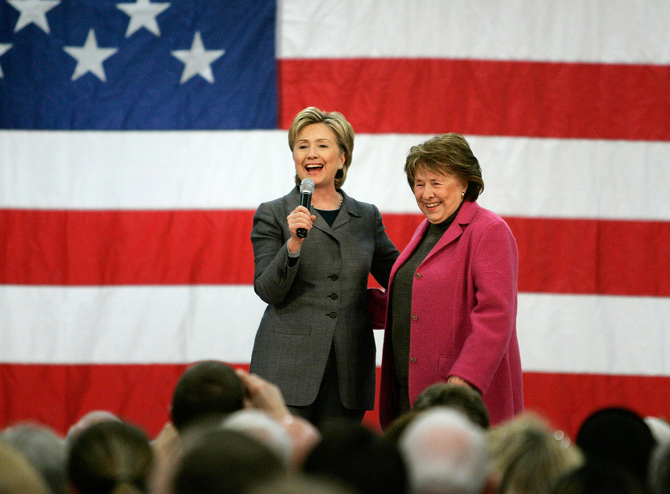 U.S. Presidential candidate, Senator Hillary Clinton (D-NY) speaks on stage with her mother Dorothy Rodham, during a rally in Des Moines