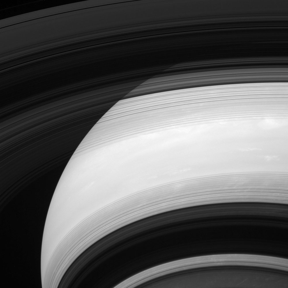 Saturn's rings cast shadows on the planet in this image taken by the Cassini spacecraft on Dec. 2, 2013 and released on April 29, 2014.