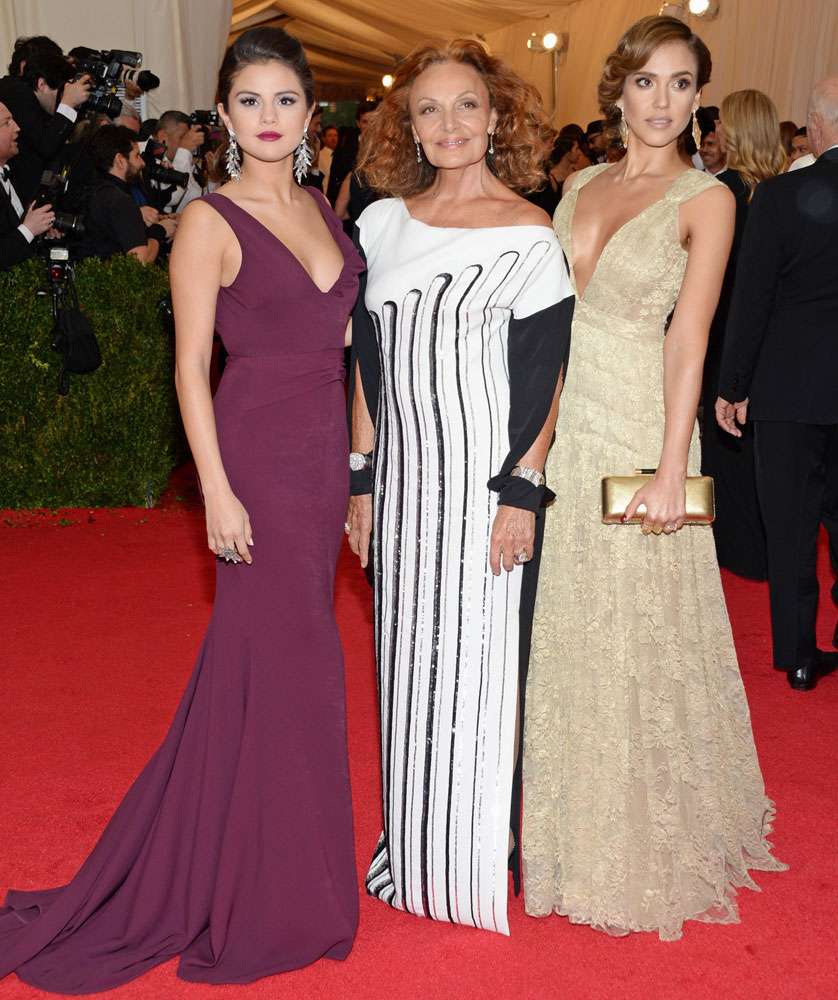From left: Selena Gomez, Diane von Furstenberg, and Jessica Alba attend The Metropolitan Museum of Art's Costume Institute benefit gala celebrating "Charles James: Beyond Fashion" on May 5, 2014, in New York City.