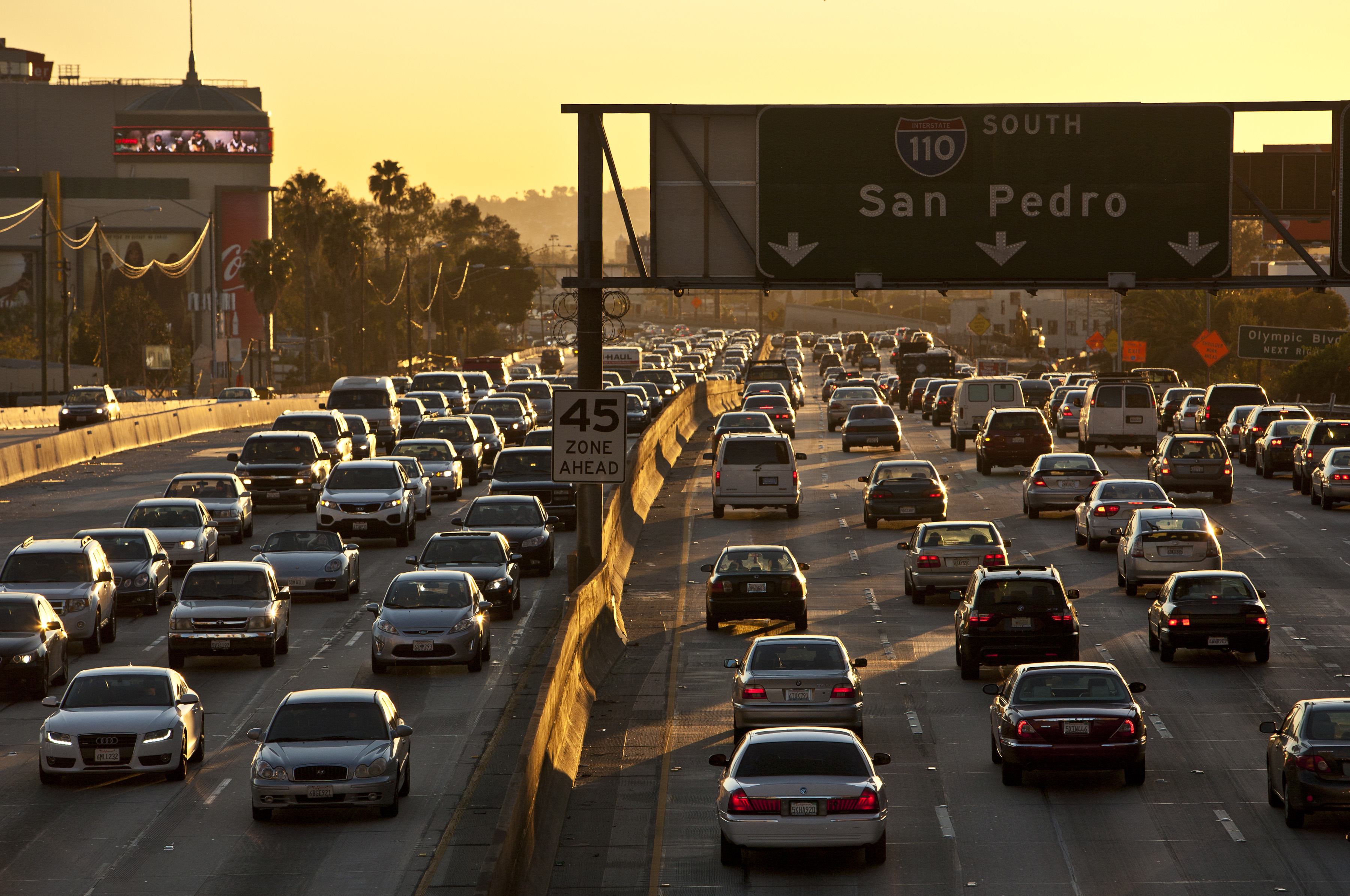 Heavy automobile traffic on the Harbor Freeway is viewed at sunset on Jan. 27, 2012 in Los Angeles. (George Rose—Getty Images)