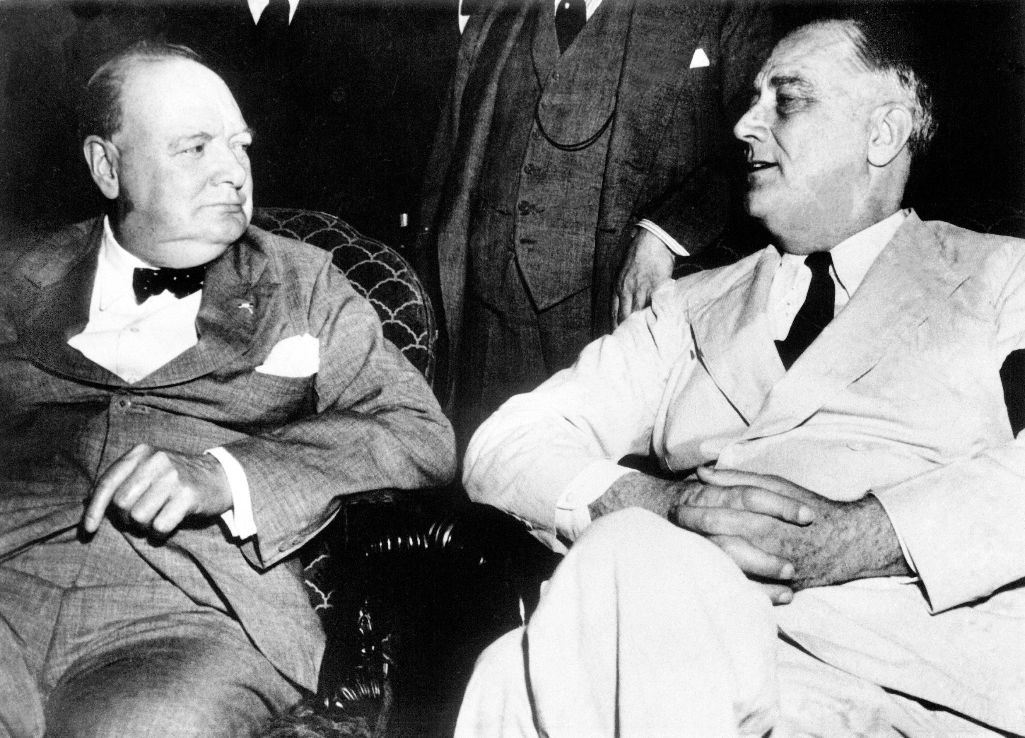 British Prime Minister Winston Churchill and American President Franklin D, Roosevelt at a special meeting of the Pacific War Council during World War Two on June 26, 1942. (Keystone-France—Gamma-Keystone/Getty Images)