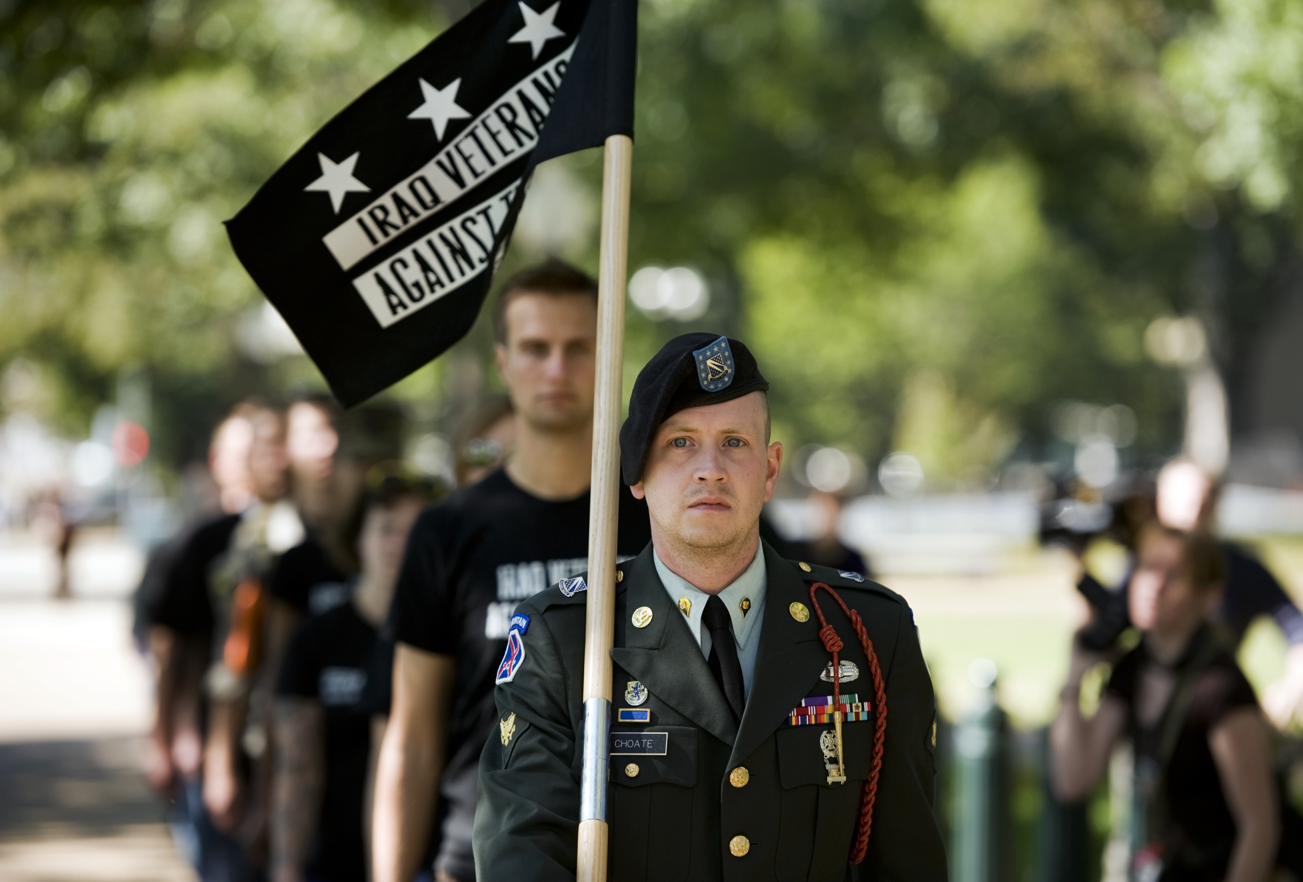 Iraq war veteran Zach Choate, 26, leads a group of veterans to a rally on the steps of Russell Building to call for a end to the redeployment of troops who have diagnosed with Post Traumatic Stress Disorder (PTSD).  Choate was redeployed while still recovering from wounds inflicted by an IED. (Tom Williams&mdash;CQ-Roll Call,Inc.)