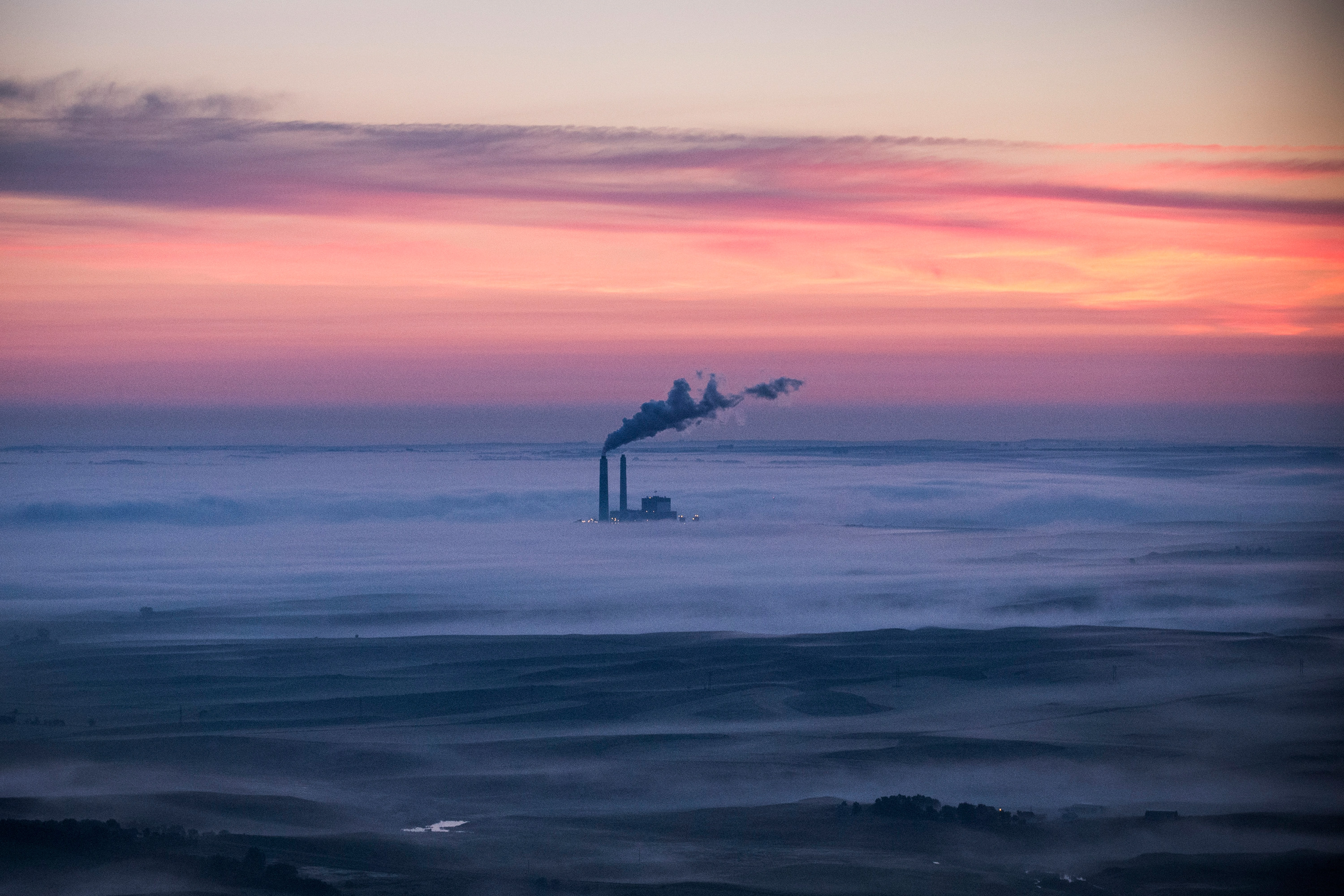 A coal-burning energy plant is seen in an aerial view in the early morning hours of July 30, 2013 near Bismarck.