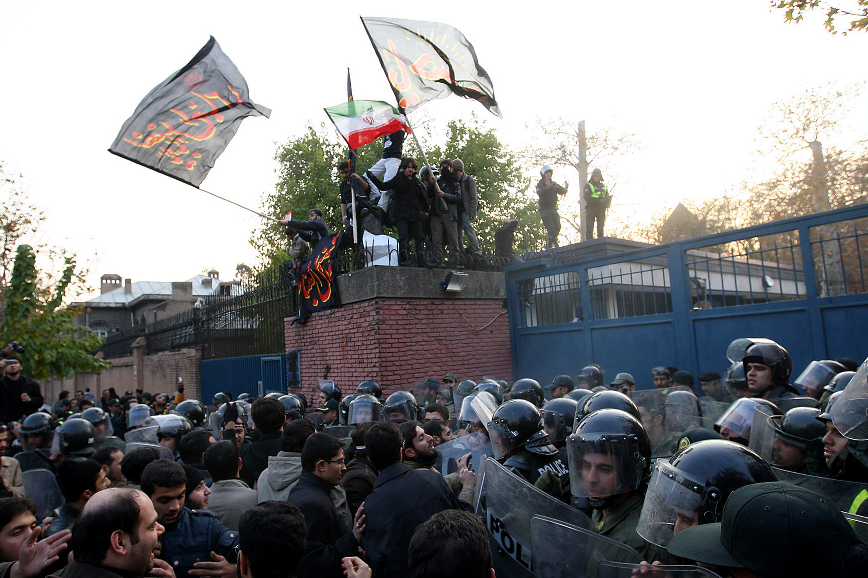 A large number of protesters prepare to break in to the British Embassy during an anti-British demonstration on November 29, 2011 in Tehran, Iran. (FarsNews/Getty Images)