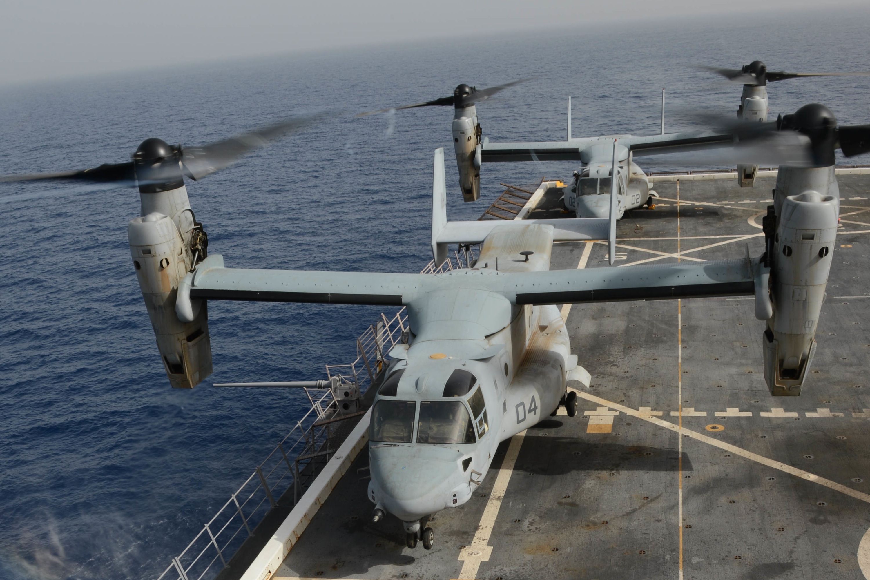 V-22s shown aboard the USS Mesa Verde. The ship sailed into the Persian Gulf on Monday, where its tilt-rotor aircraft could used be used to rescue U.S. diplomats in extremis in Baghdad. (MC2 Shannon M. Smith / Navy photo)