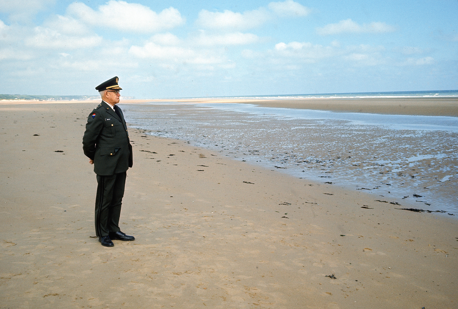American Gen. Omar Bradley in June 1969, looking out over the area of Omaha Beach where, 25 years earlier, he came ashore the day after the first Allied troops invaded France during Operation Overlord.