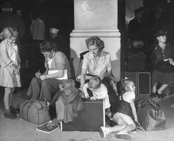 Stranded during a railroad strike, Chicago, 1946.