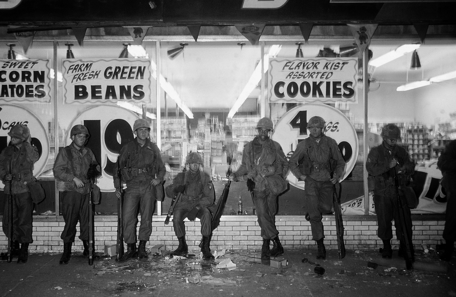 National Guardsmen in front of a store during riots following the murder of Martin Luther King Jr., Chicago, April 1968.