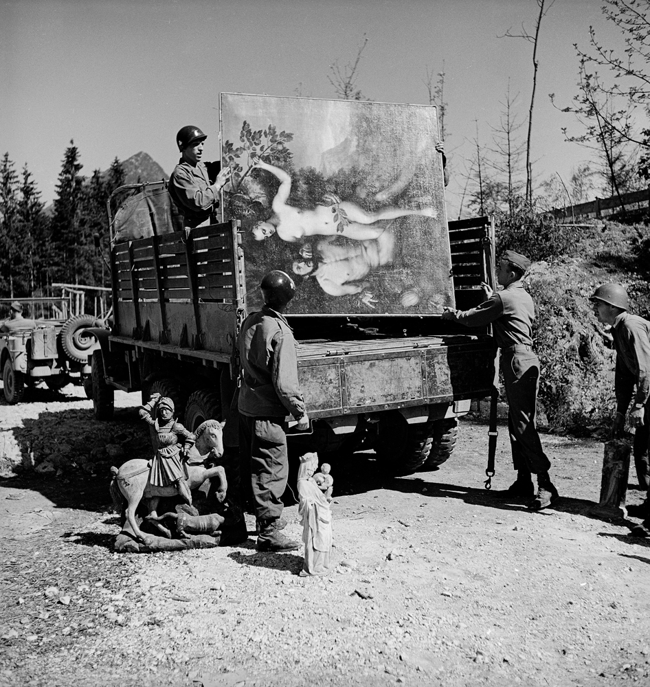 American troops of the 101st Airborne load a truck with recovered art treasures reportedly stolen by German Reichsmarschall Hermann Goering, April 1945.